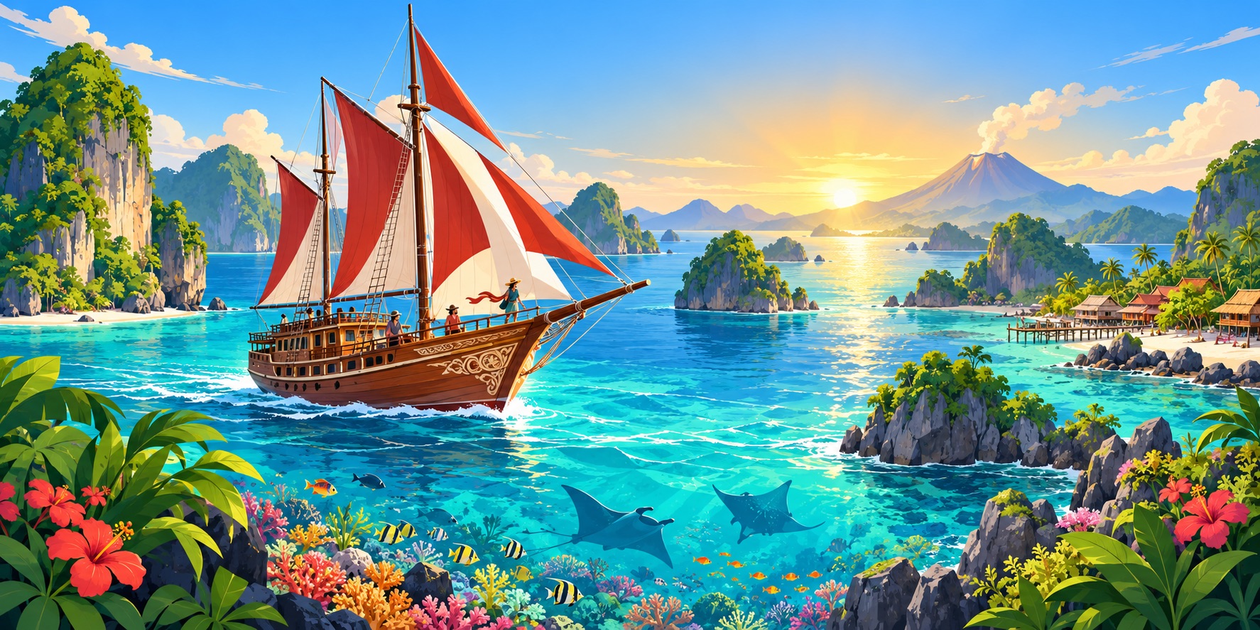 An illustration of a traditional phinisi sailing through Indonesia’s vibrant tropical islands, volcanic landscapes and marine-rich waters.