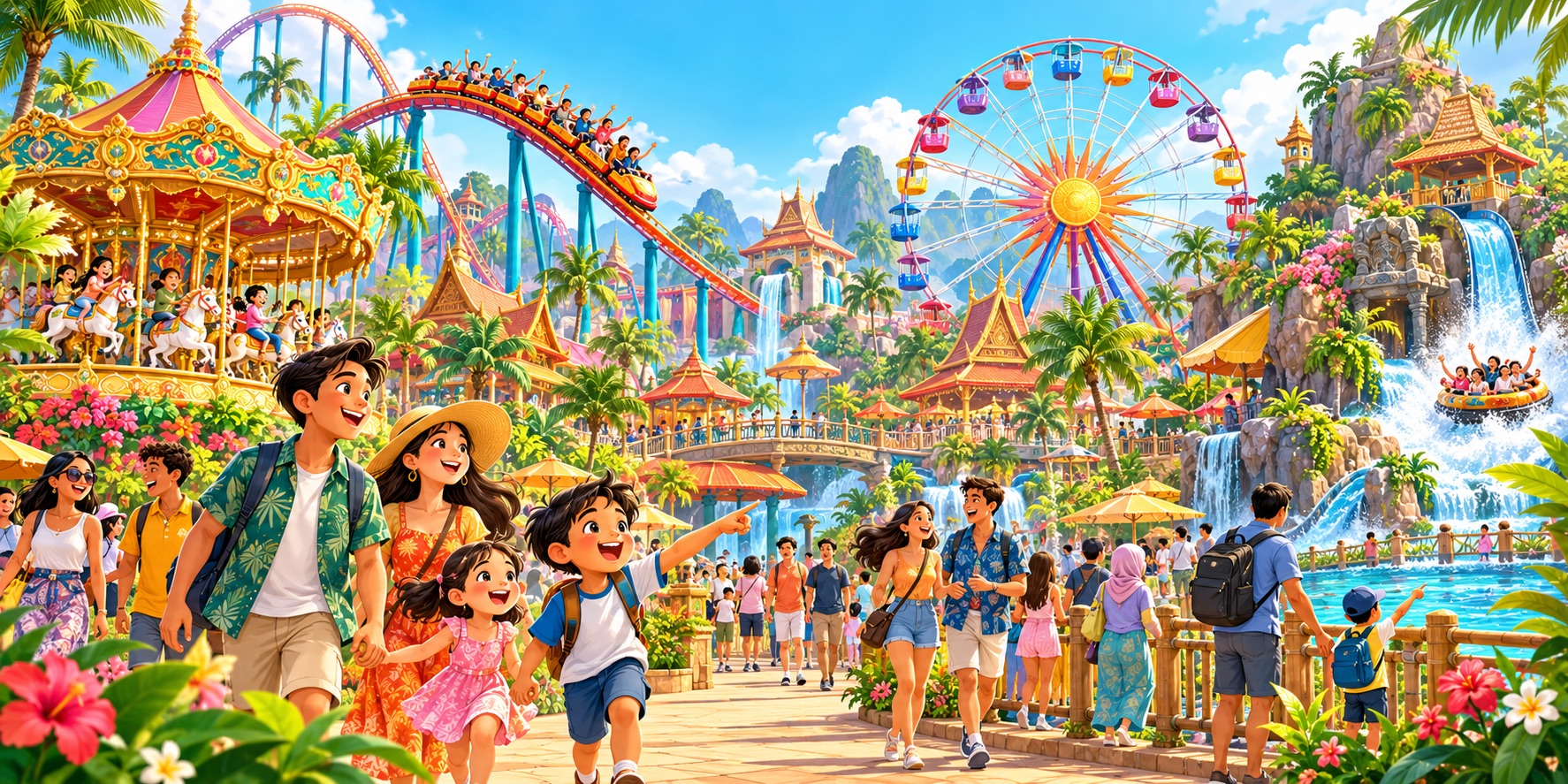 An illustration of a vibrant Southeast Asian amusement park, where thrilling rides, tropical scenery and joyful family adventures come together in one colorful destination.