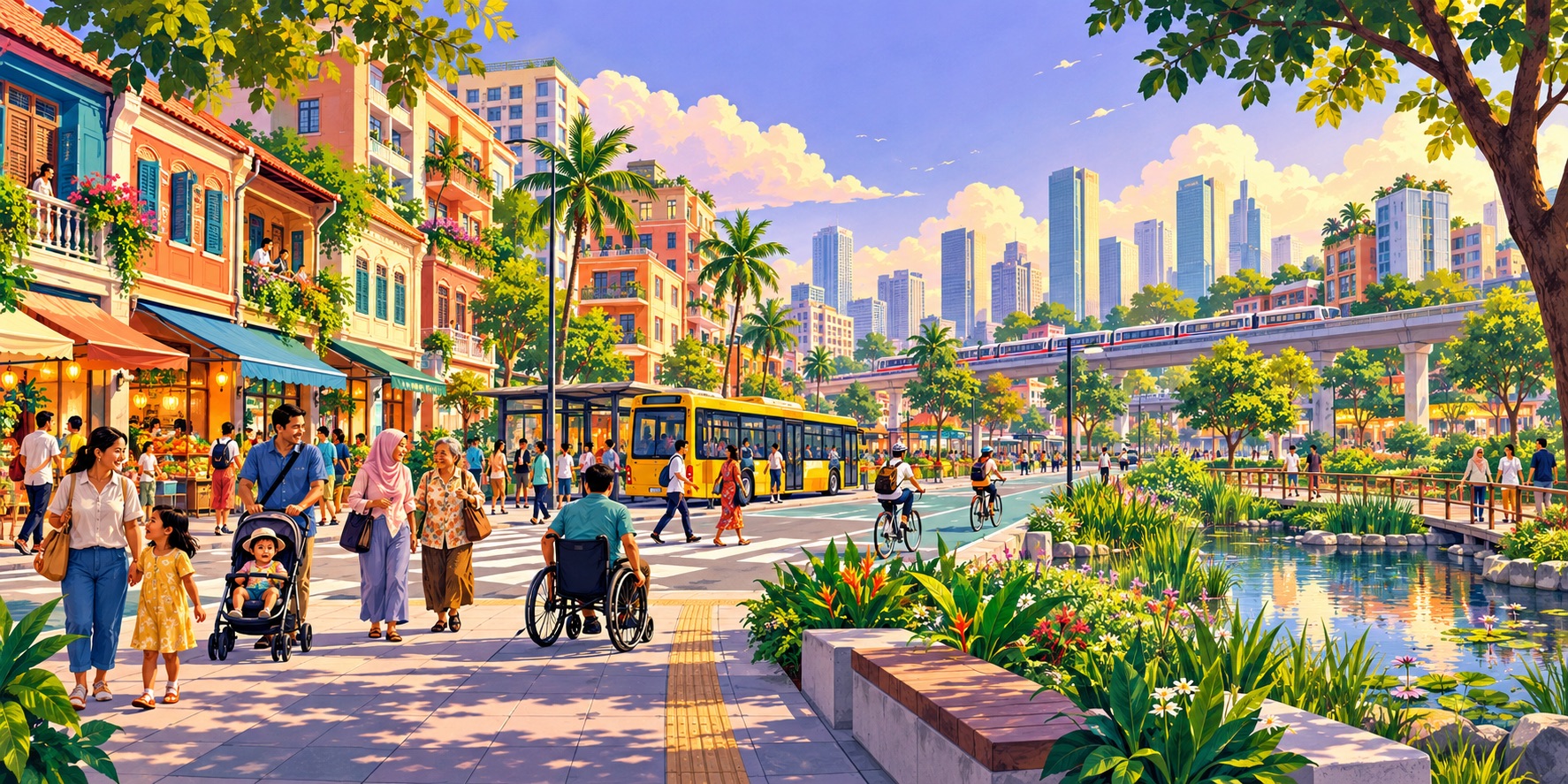 An illustration of a vibrant Southeast Asian city, where inclusive streets, public transport, heritage neighbourhoods and green spaces support everyday urban life.