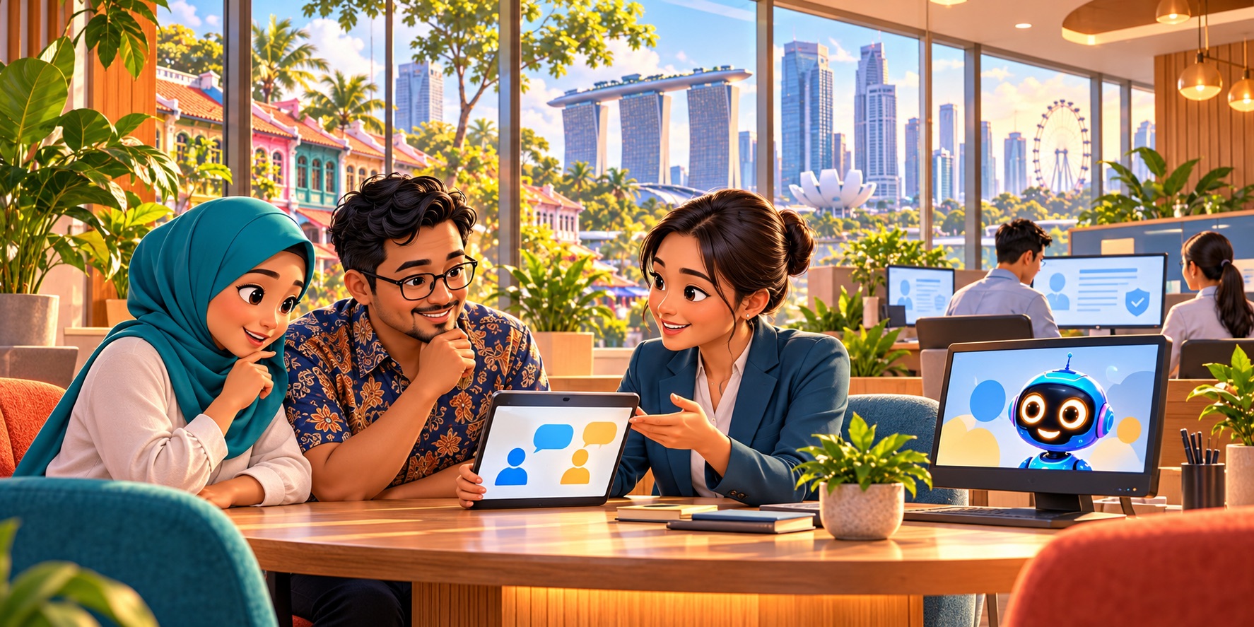 An illustration of AI and human expertise working together to make banking services more accessible across Southeast Asia.
