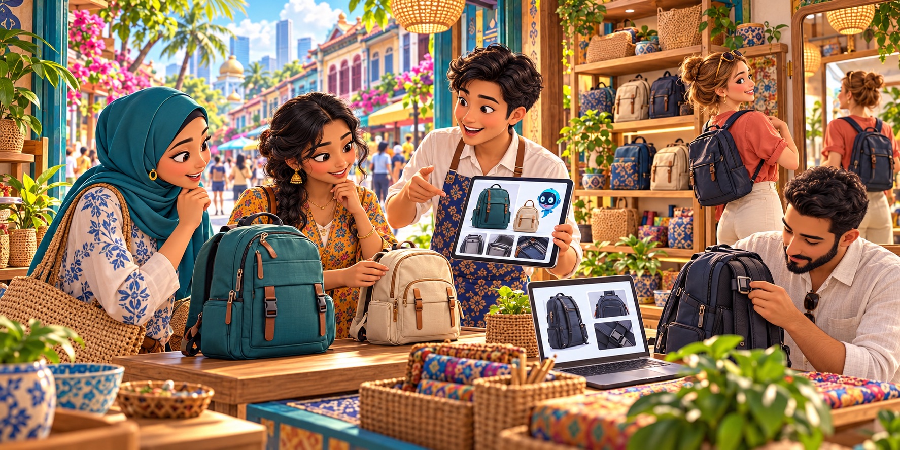 An illustration of AI-assisted shopping and human guidance helping Southeast Asia’s diverse customers compare products and make informed choices.