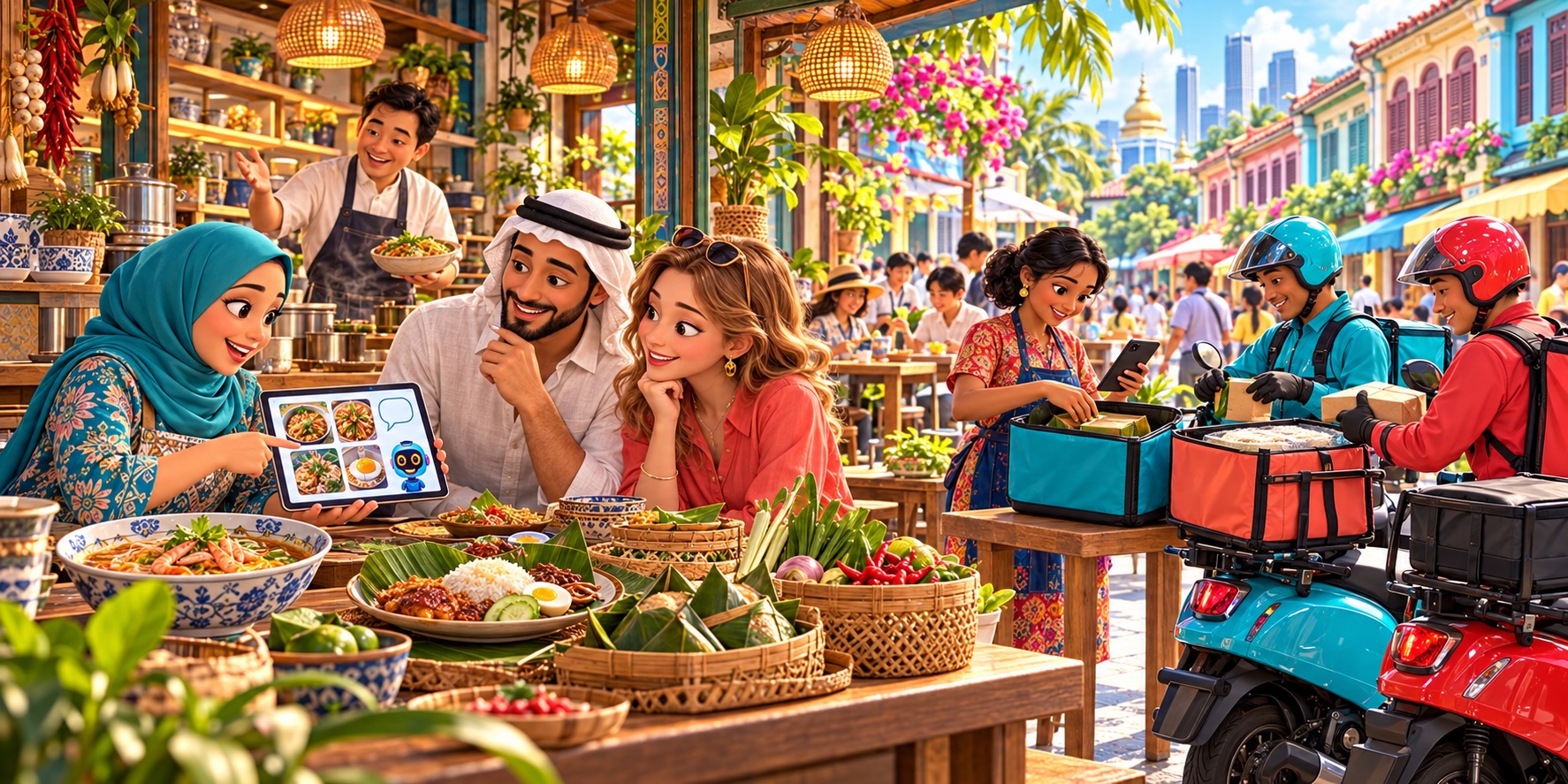 An illustration of AI helping diverse customers explore Southeast Asian food while supporting local merchants and coordinated deliveries.