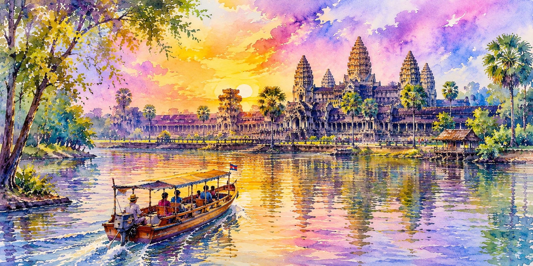 An illustration of Angkor Wat at sunrise, where Cambodia’s monumental stone heritage and ancient relationship with water reflect the enduring legacy of Khmer civilization