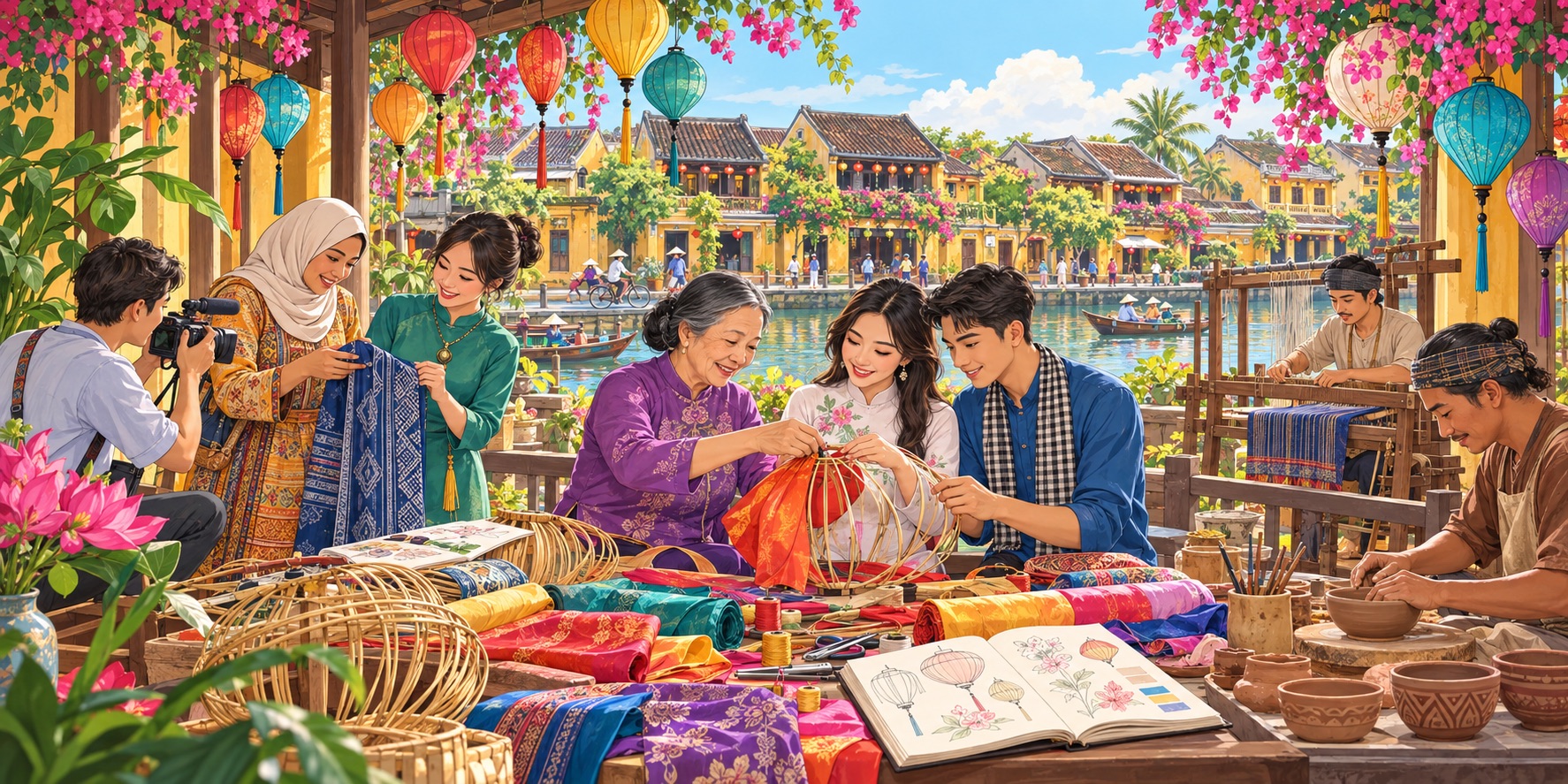 An illustration of artisans and young creatives sharing traditional skills in Vietnam, reflecting the International Decade of Culture for Sustainable Development’s vision of sustaining heritage, livelihoods and cultural cooperation.