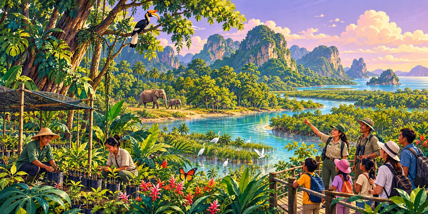 An illustration of ASEAN Heritage Parks, where rangers, communities and visitors help protect Southeast Asia’s forests, wetlands and wildlife.