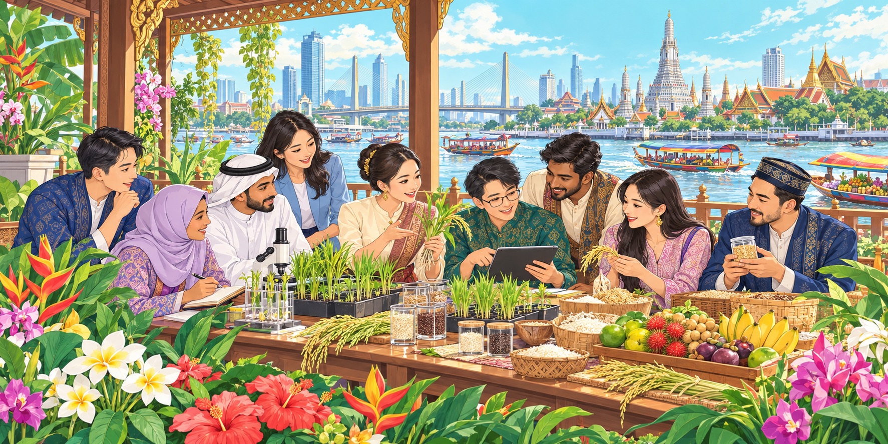 An illustration of Asian partners sharing agricultural knowledge in Thailand, reflecting the Asia Cooperation Dialogue’s vision of connecting communities through innovation, practical cooperation and sustainable development.