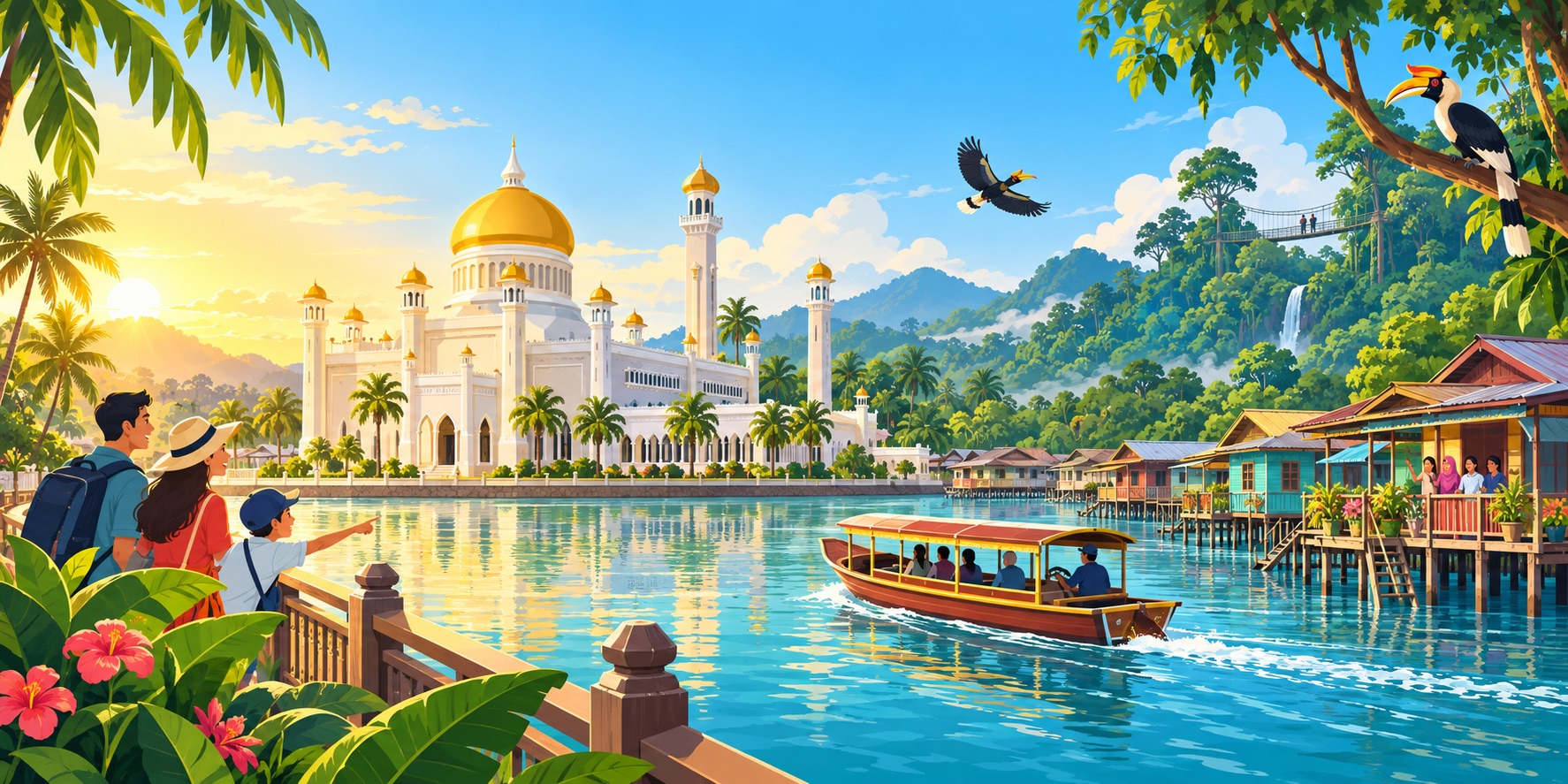 An illustration of Brunei’s vibrant tourism landscape, featuring its golden-domed mosque, Kampong Ayer, river life and the lush rainforests of Ulu Temburong.