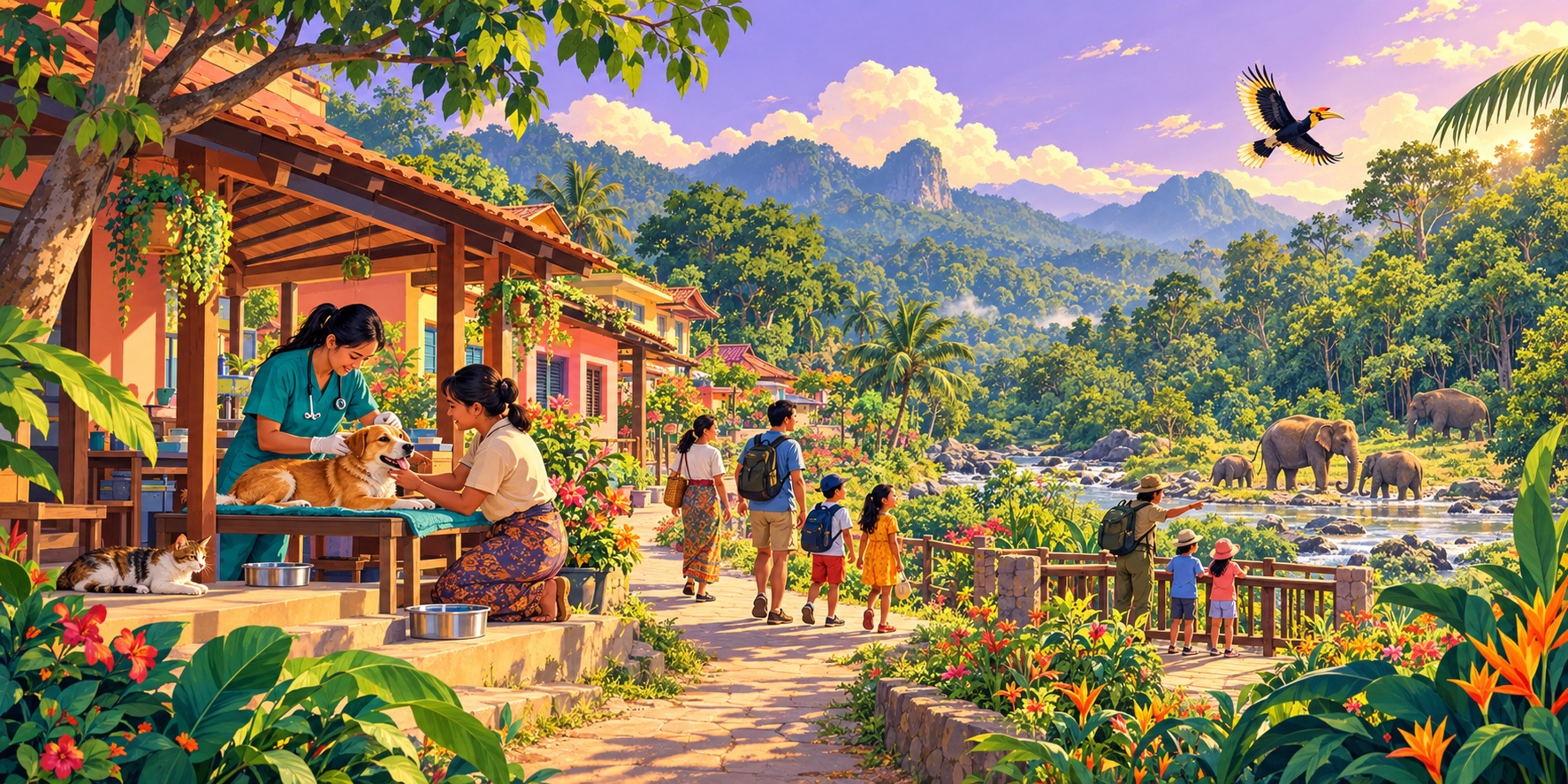 An illustration of community animal care and responsible wildlife tourism in Southeast Asia, celebrating compassion for animals and their habitats on World Animal Day.