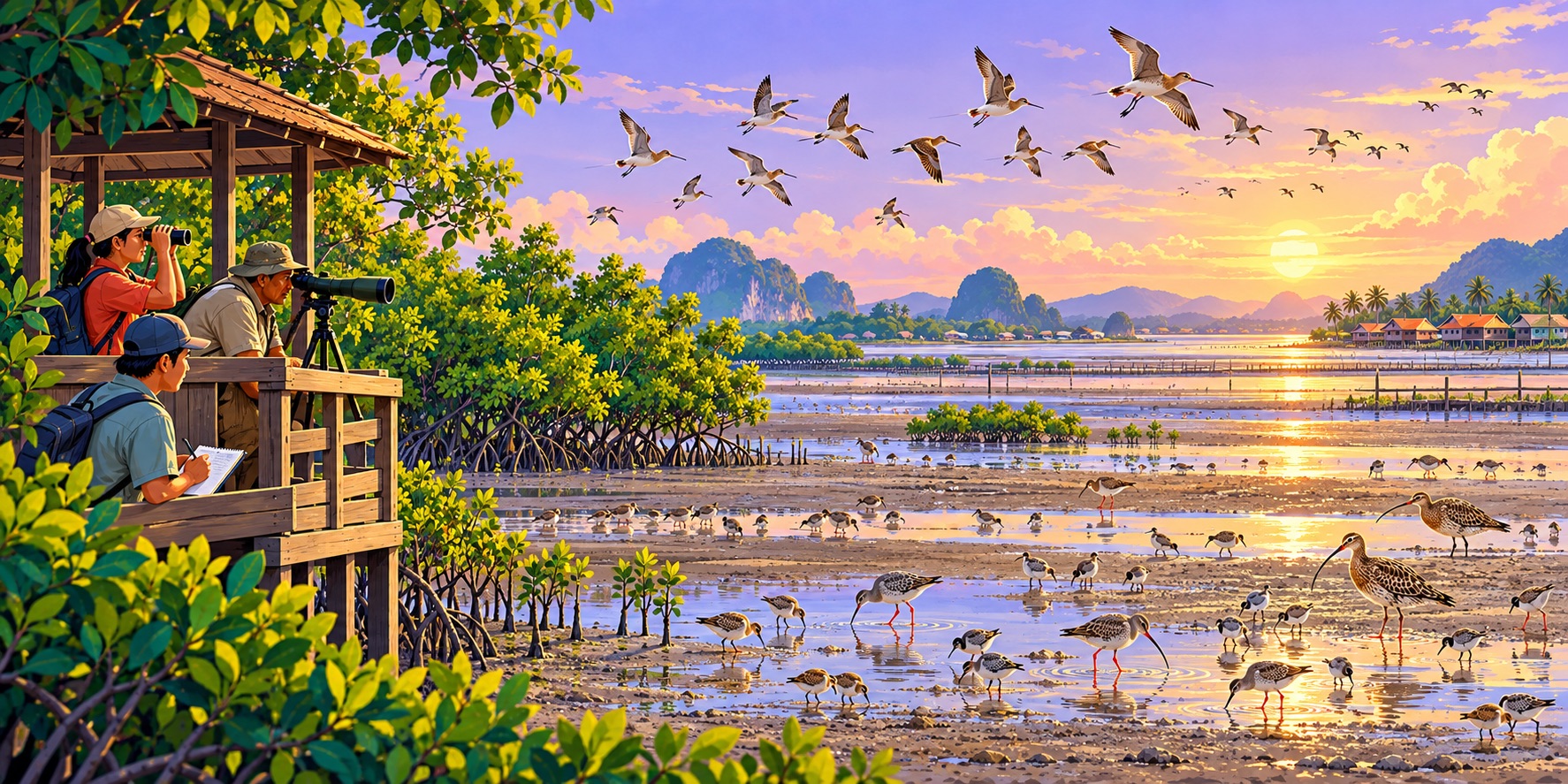 An illustration of community birdwatchers monitoring migratory shorebirds in Southeast Asia’s coastal wetlands, highlighting habitat protection and citizen science on World Migratory Bird Day.