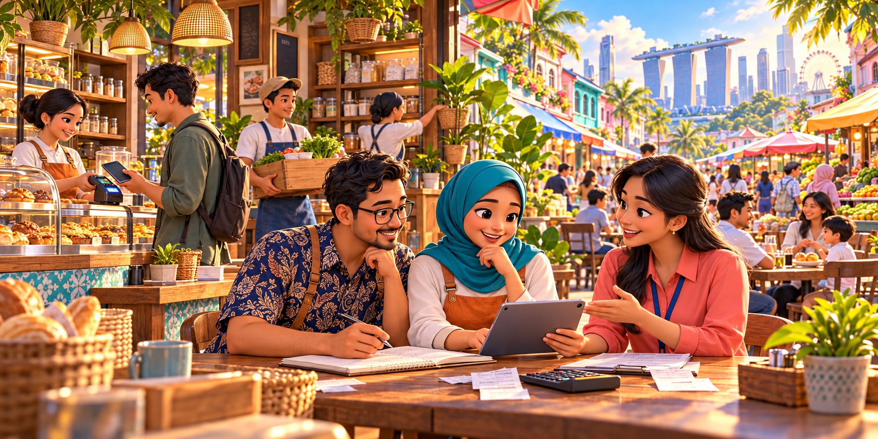 An illustration of digital finance and personal guidance helping Southeast Asian small businesses manage everyday needs and build financial resilience.