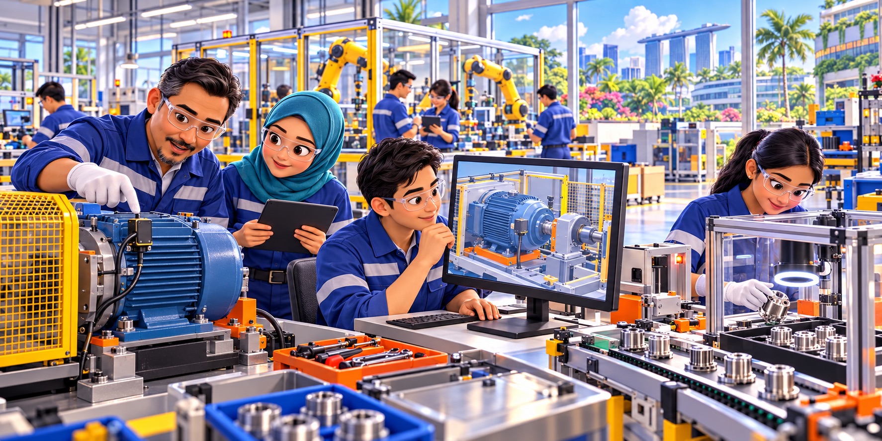 An illustration of engineers combining factory expertise with AI, digital twins and automated inspection to improve manufacturing.
