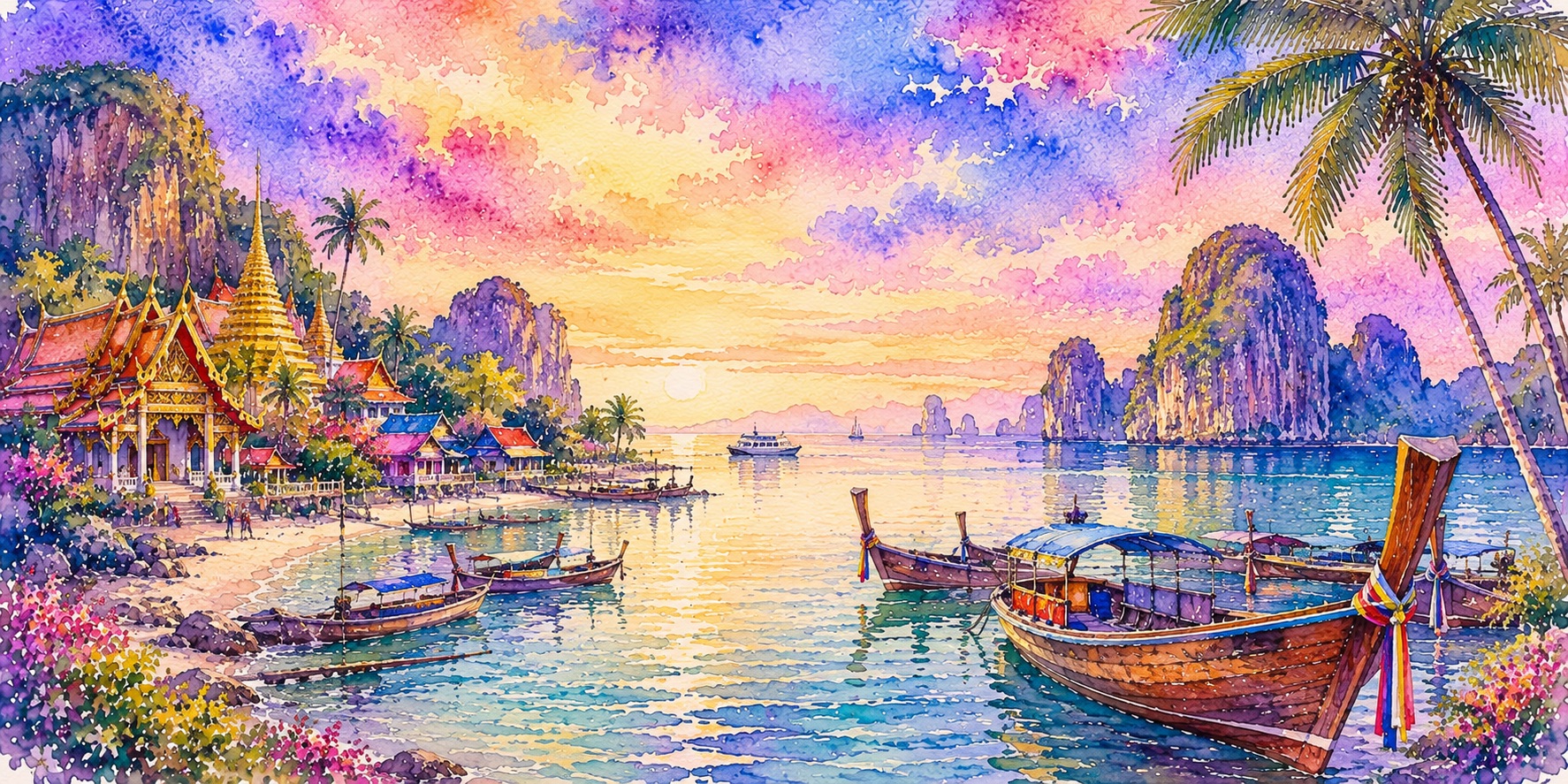 Golden temples, long-tail boats and limestone cliffs capture Thailand’s harmonious blend of spiritual heritage and Andaman coastal beauty.