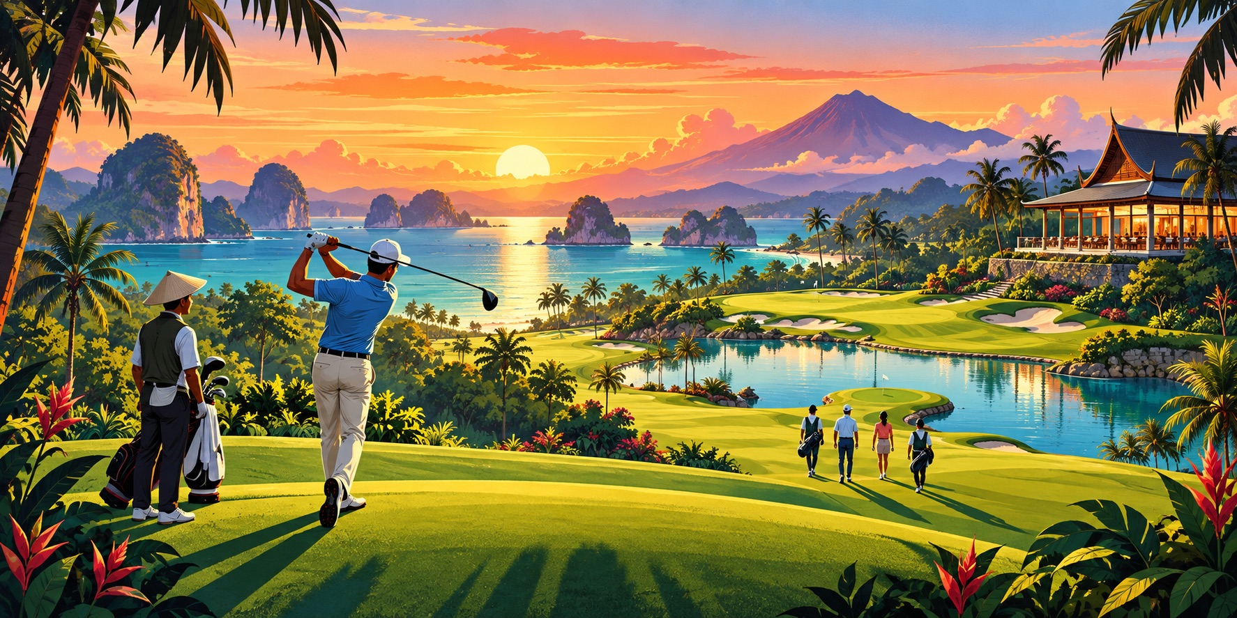 An illustration of golfers and caddies enjoying a championship course amid Southeast Asia’s tropical rainforest, turquoise coastline, limestone islands and volcanic scenery at golden hour.