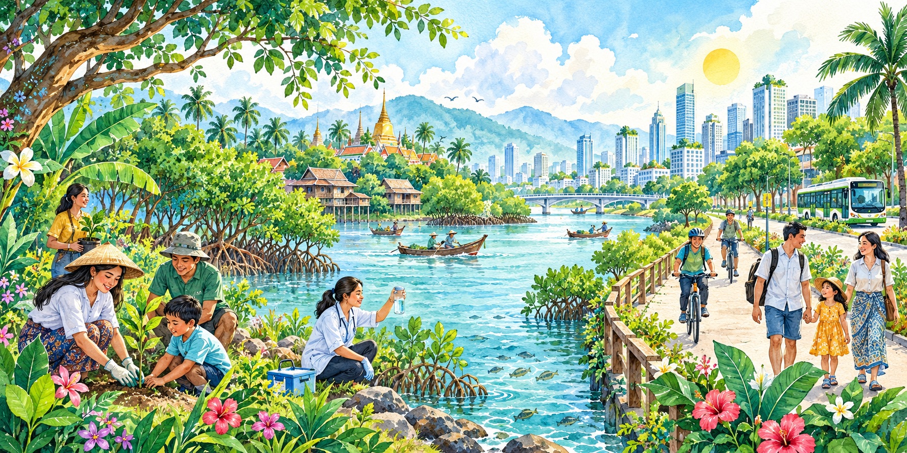 An illustration of healthier communities begin with clean air, safe water and collective care for the environment across Southeast Asia