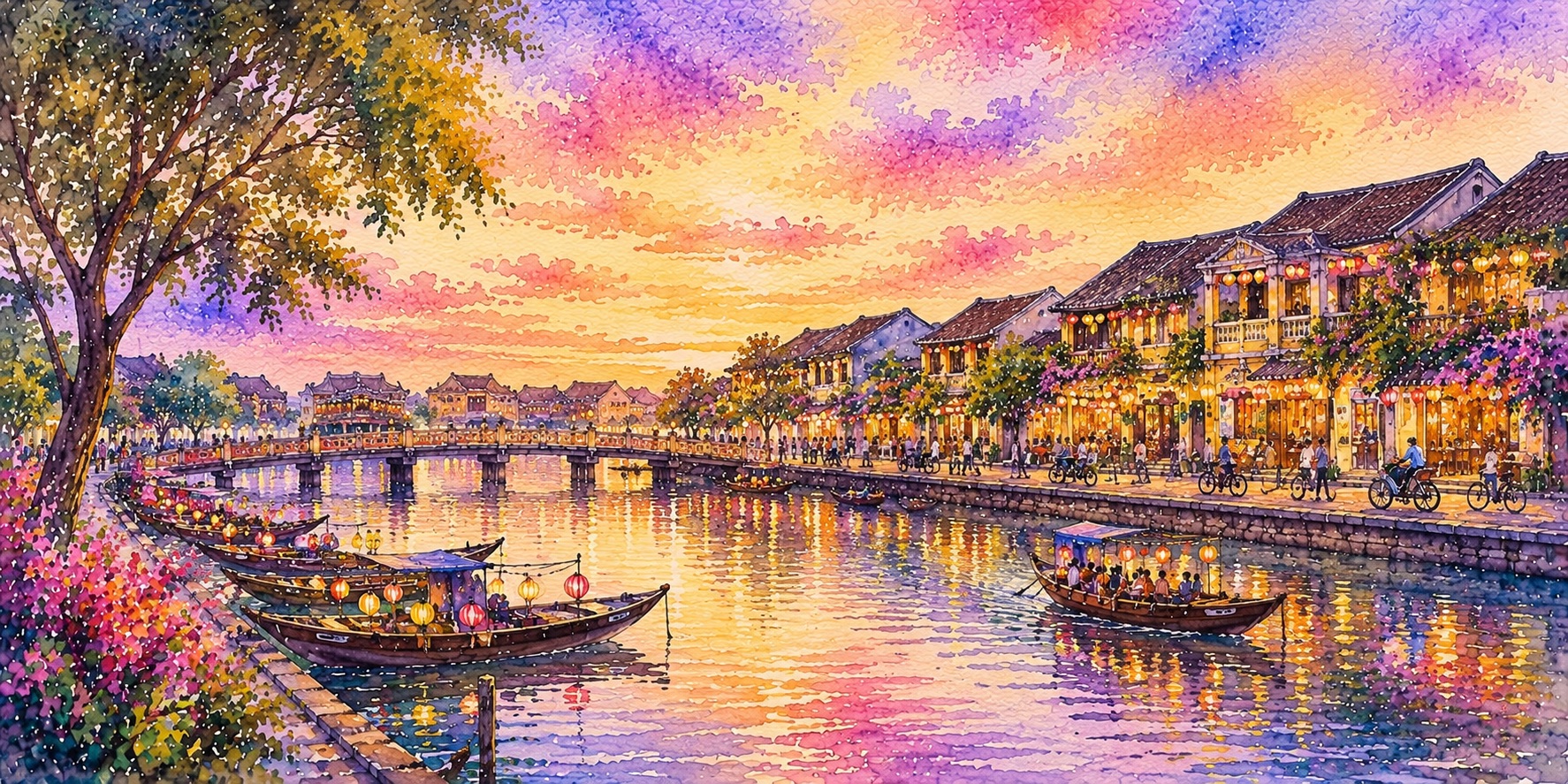 An illustration of Hội An at sunset, where lantern-lit streets, heritage shophouses and boats along the Thu Bồn River capture Vietnam’s enduring connection between culture, community and waterways