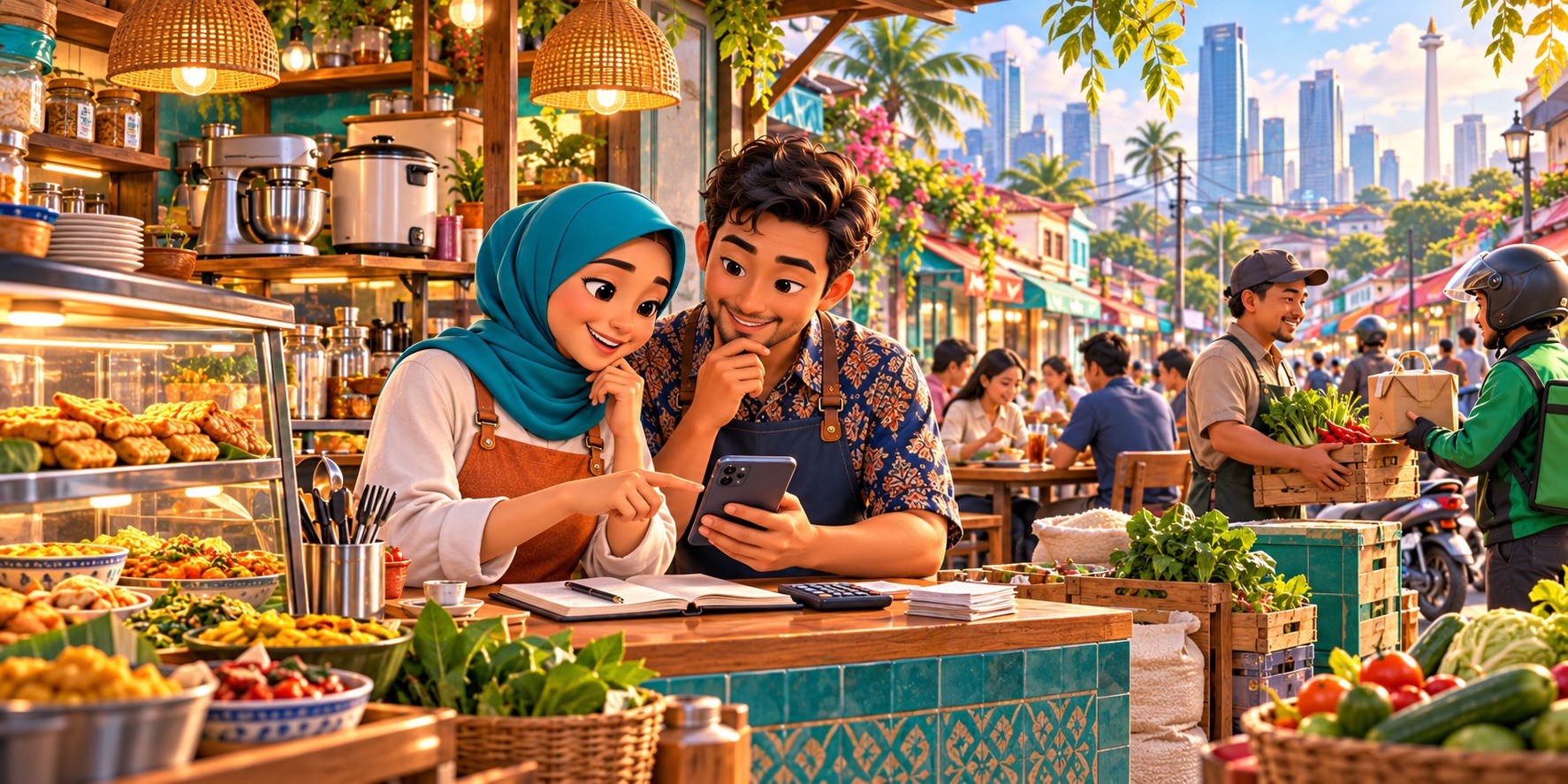 An illustration of Indonesian food entrepreneurs using digital finance to plan purchases, manage cash flow and support their businesses.