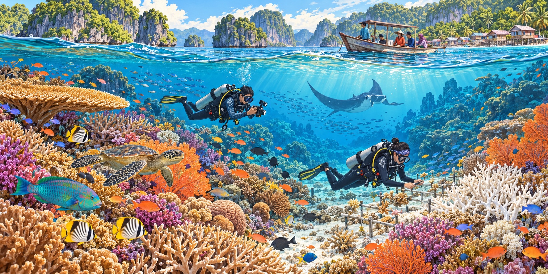 An illustration of Indonesia’s vibrant coral reefs, where marine researchers and coastal communities help safeguard the Coral Triangle’s extraordinary biodiversity and the livelihoods that depend on healthy seas.