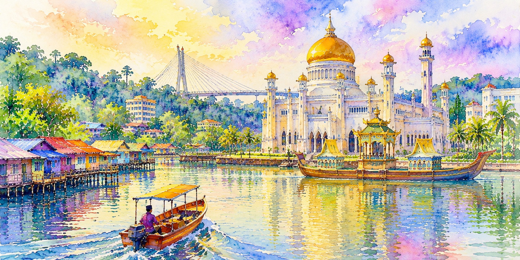 An illustration of Kampong Ayer and the Omar Ali Saifuddien Mosque, where Brunei’s riverine heritage, Islamic identity and modern life converge