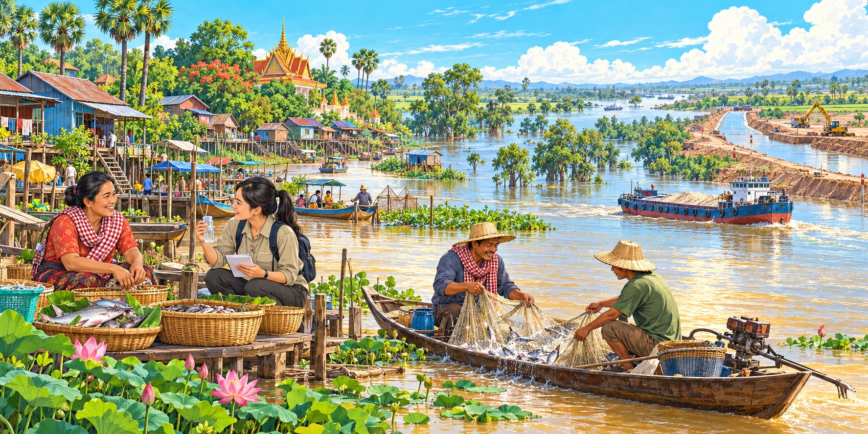 An illustration of life along Cambodia’s Mekong waterways, where fishing communities, wetlands and growing transport infrastructure highlight the need to balance development with the protection of a shared river and its livelihoods.