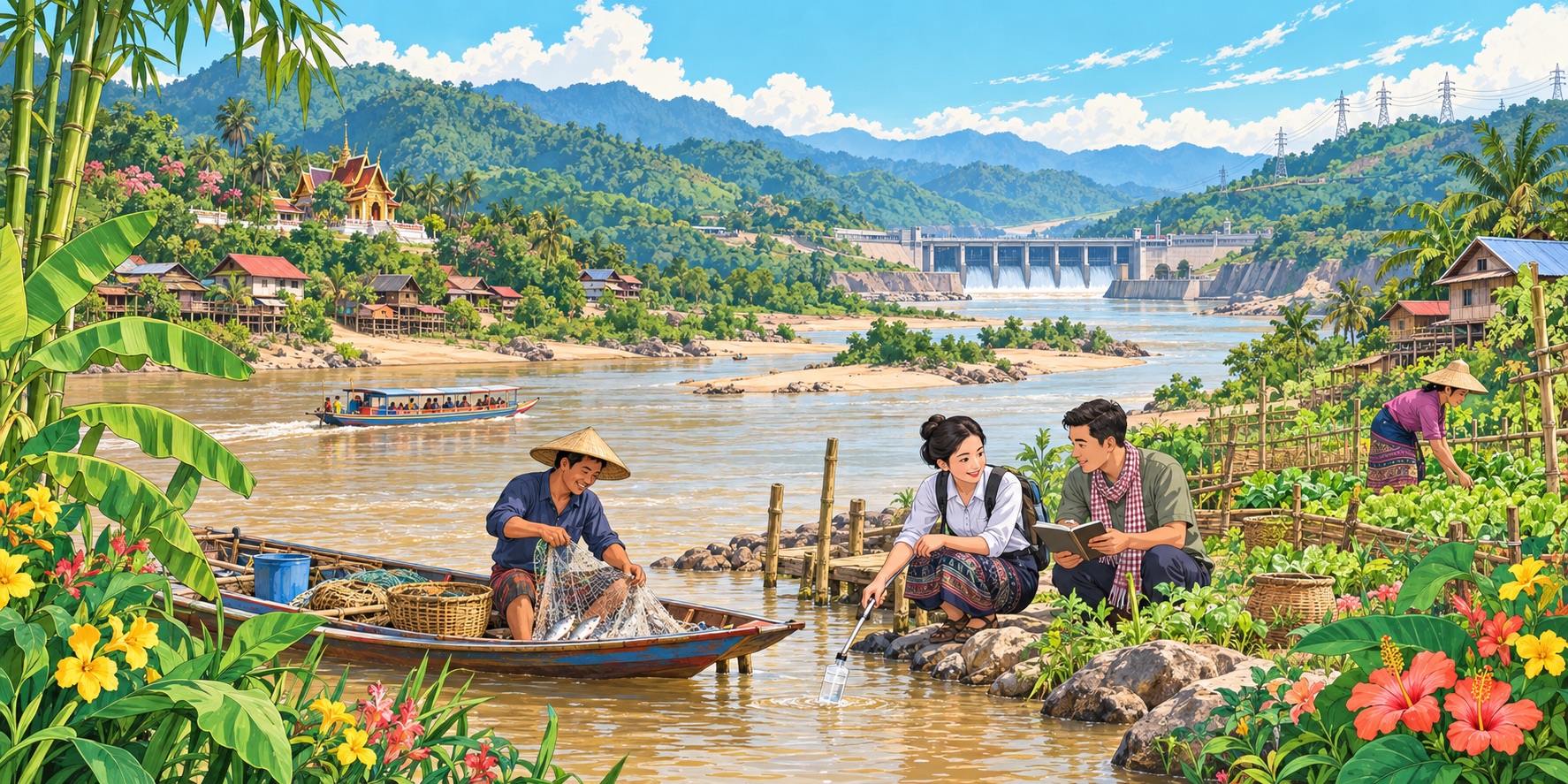 An illustration of life along the Mekong in Laos, where fishing, riverside farming and water monitoring coexist with hydropower development, highlighting the need to protect a shared river while powering the region’s future.