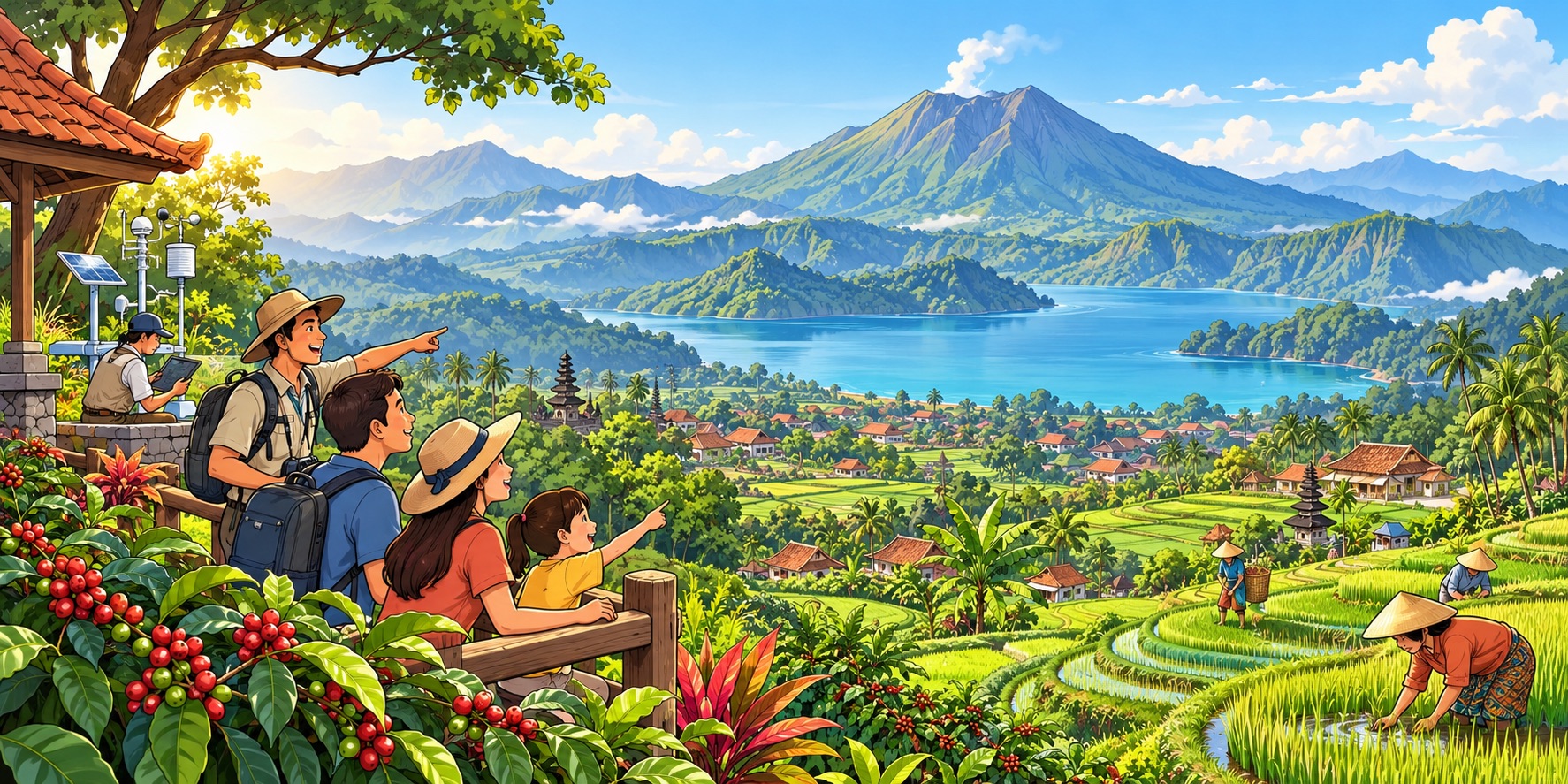An illustration of life beneath Southeast Asia’s volcanoes, where fertile farms, vibrant communities and scientific monitoring connect livelihoods with preparedness.