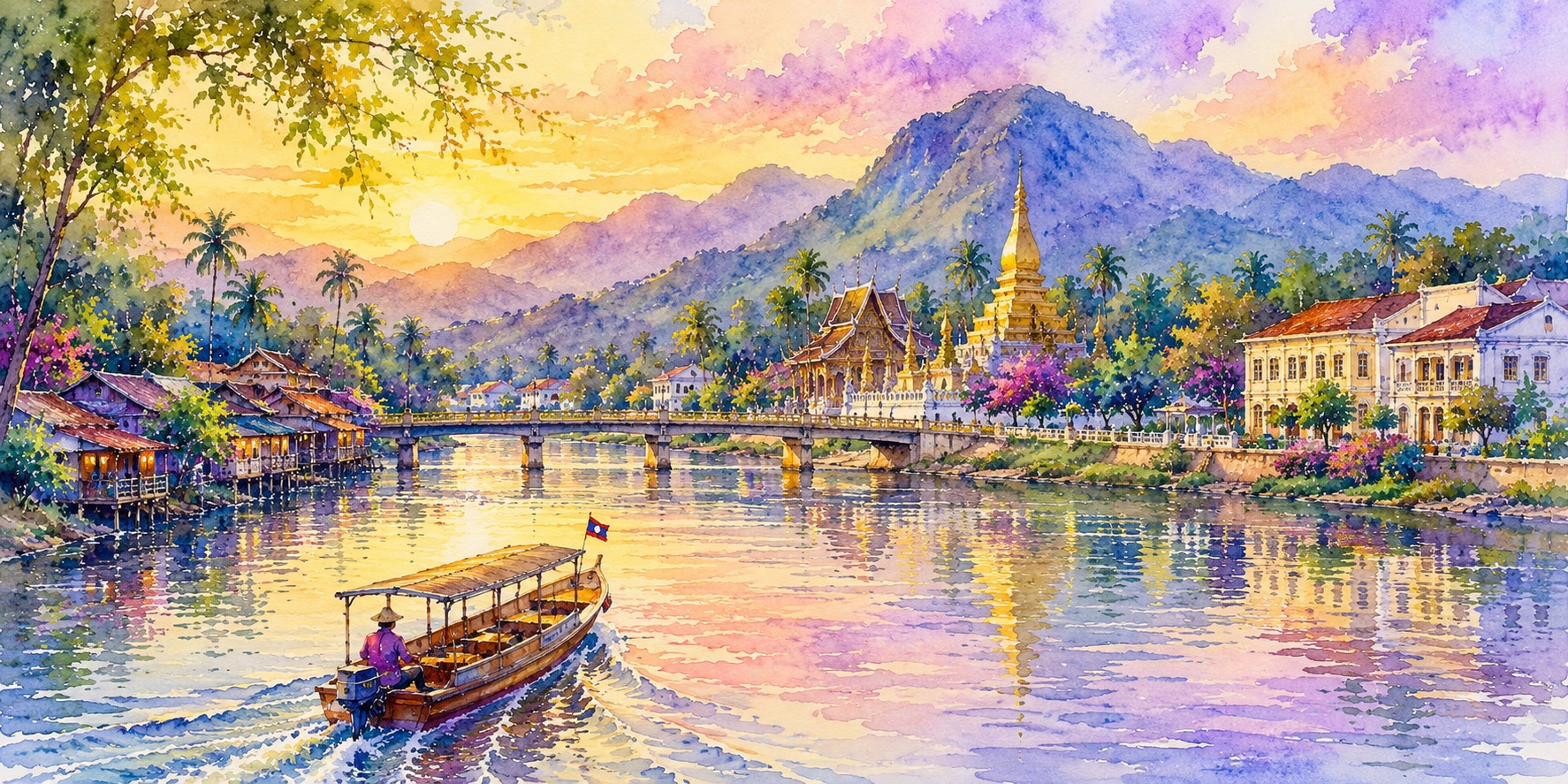 An illustration of Life in Laos flows with the Mekong, where sacred temples, mountain landscapes and riverside communities preserve the country’s gentle cultural rhythm