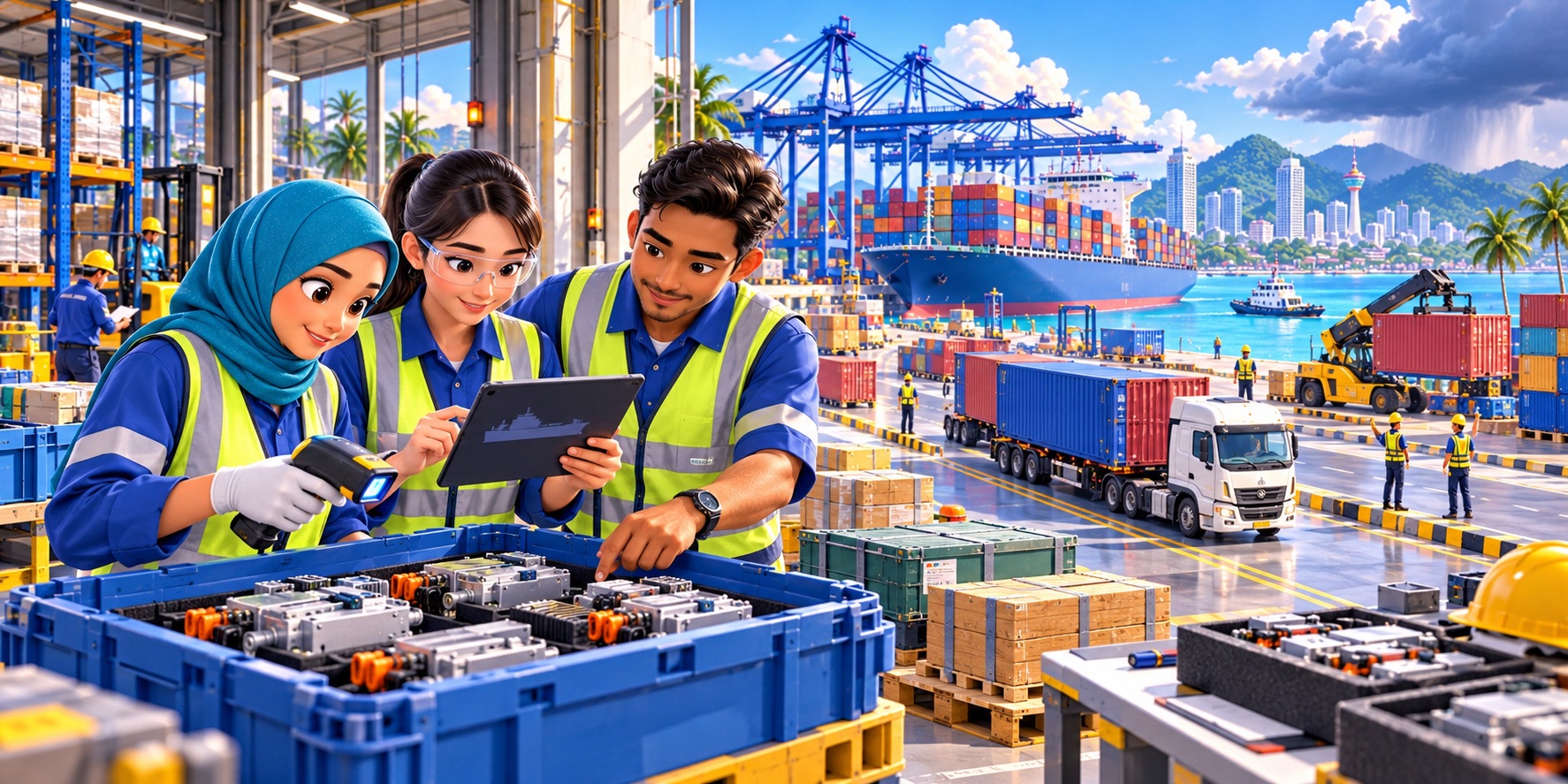 An illustration of logistics teams using digital tools to connect factory production with reliable maritime deliveries across Southeast Asia.