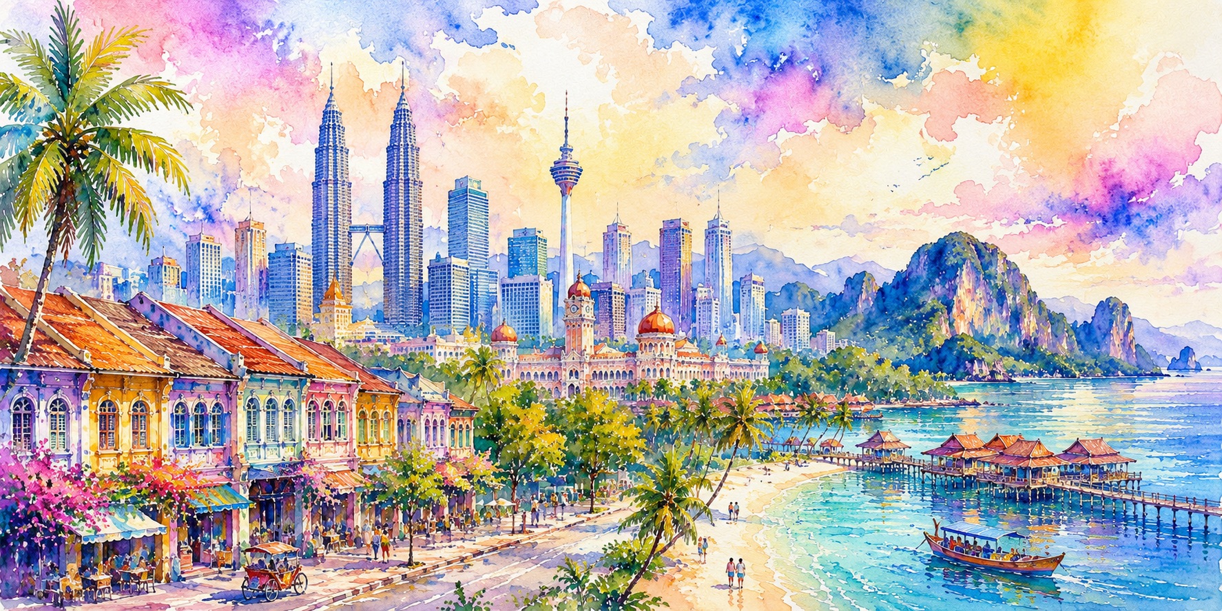 An illustration of Malaysia brings modern skylines multicultural heritage streets and tropical islands together in one dynamic landscape