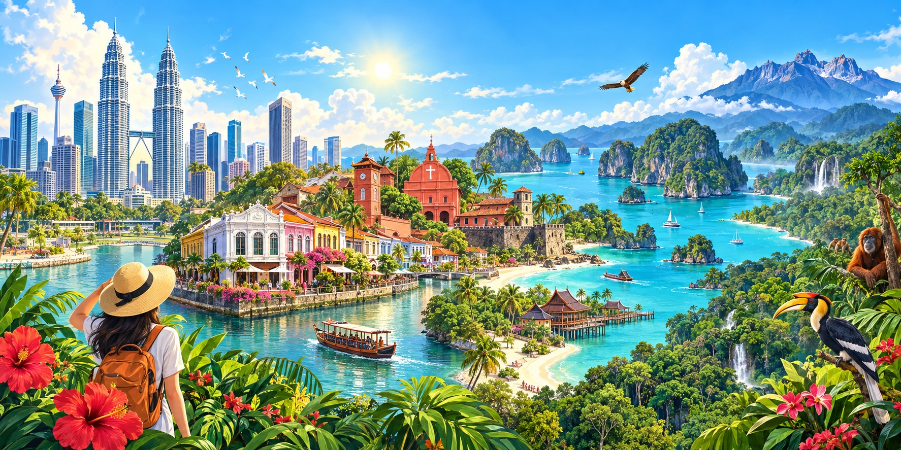 An illustration of Malaysia’s vibrant travel landscape, where modern skylines, colorful heritage, tropical islands and Borneo’s wild beauty come together.