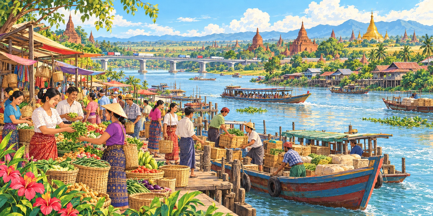 An illustration of Myanmar’s riverside communities, bustling markets and transport links, reflecting ACMECS’ ambition to connect livelihoods and strengthen economic cooperation across mainland Southeast Asia.