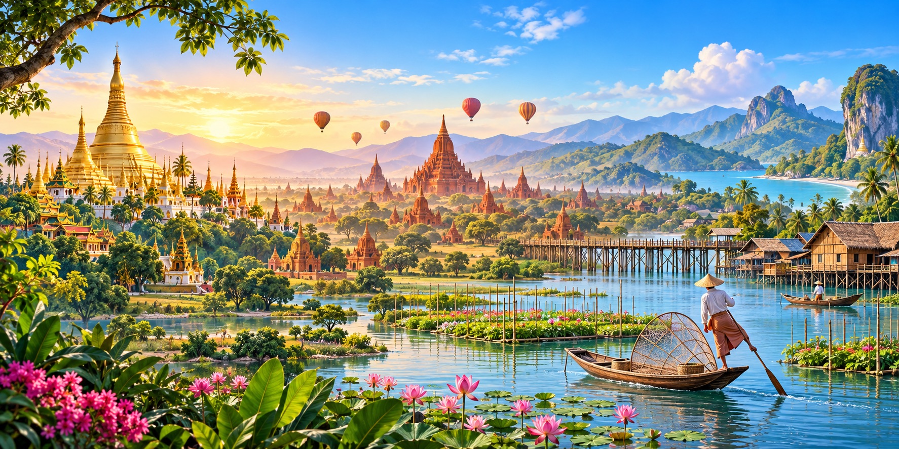 An illustration of Myanmar’s timeless travel landscape, where golden pagodas, Bagan’s ancient temples and Inle Lake’s living traditions meet beneath a radiant sky.
