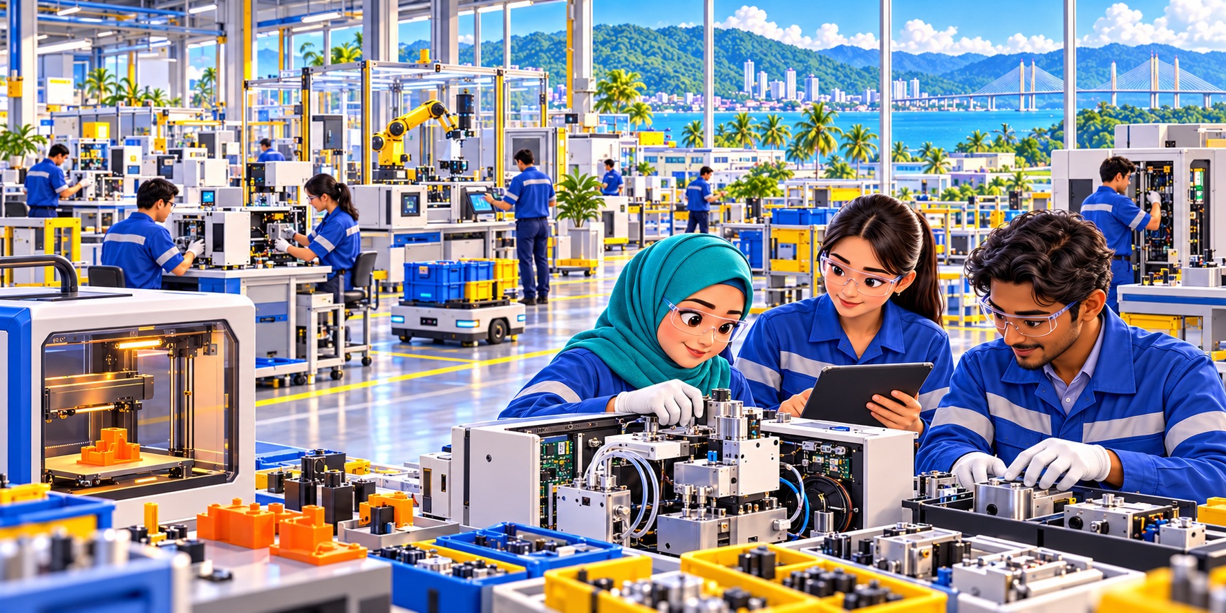 An illustration of Penang’s manufacturing transformation, combining skilled workers, digital tools and precision engineering.