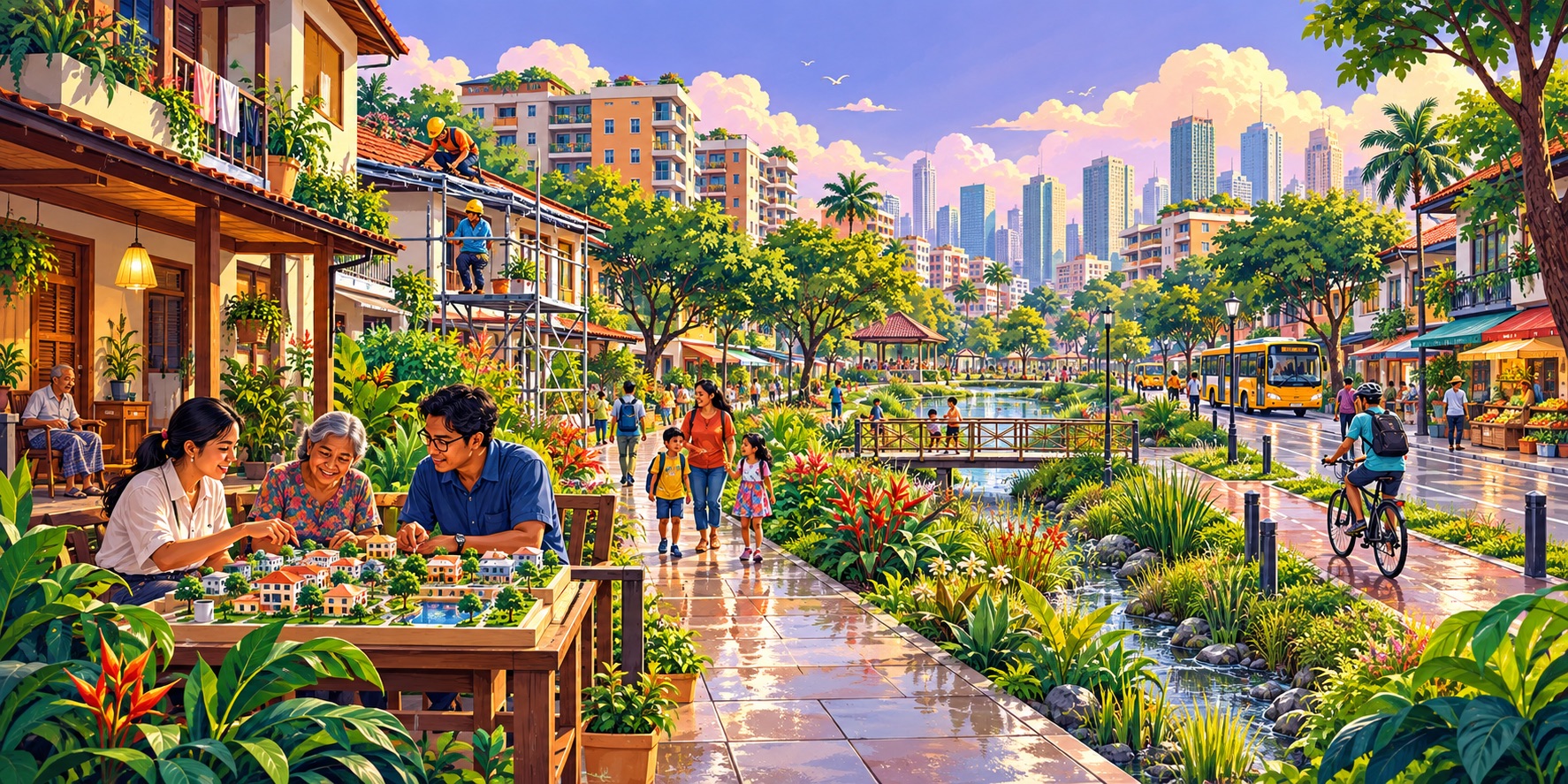 An illustration of residents shaping a greener Southeast Asian neighbourhood, connecting affordable housing, community life and climate resilience in the spirit of World Habitat Day.