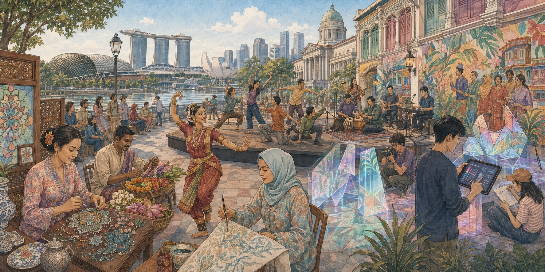 An illustration of Singapores Creative Circuit_From Shophouse Craft to Immersive Light