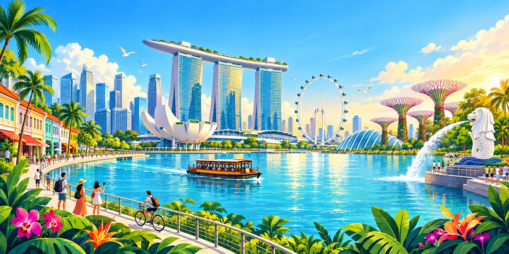 An illustration of Singapore’s vibrant tourism landscape, where futuristic landmarks, colorful heritage districts and lush tropical scenery come together along Marina Bay.