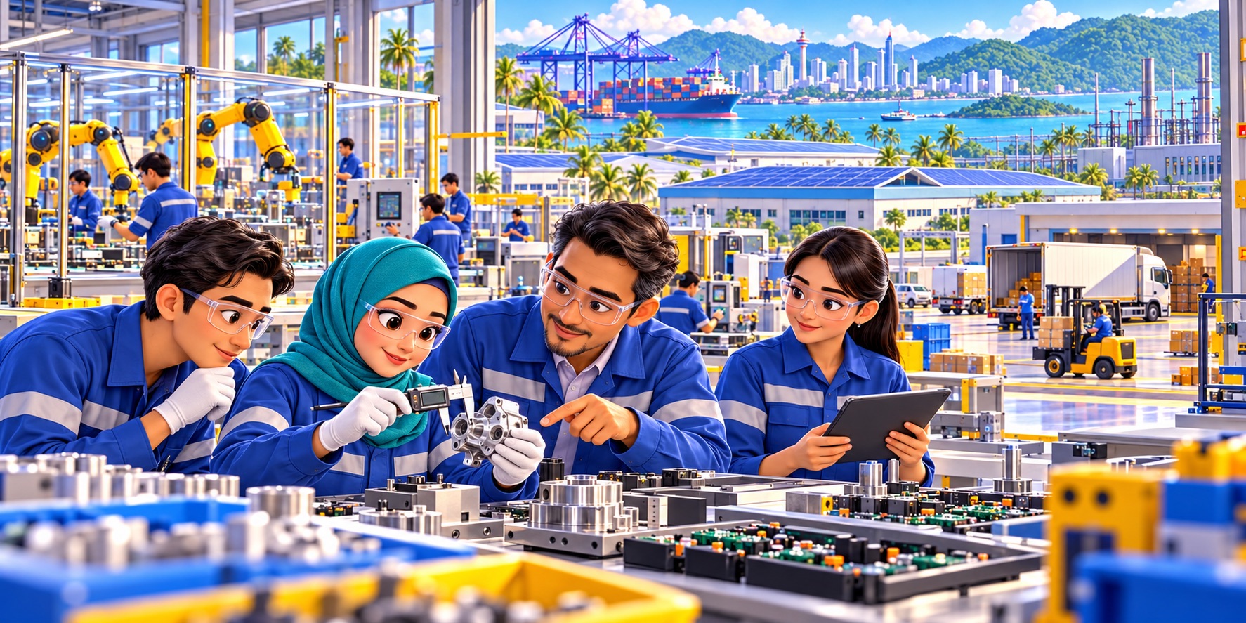 An illustration of skilled workers and connected supply chains turning investment into industrial capability across Southeast Asia.