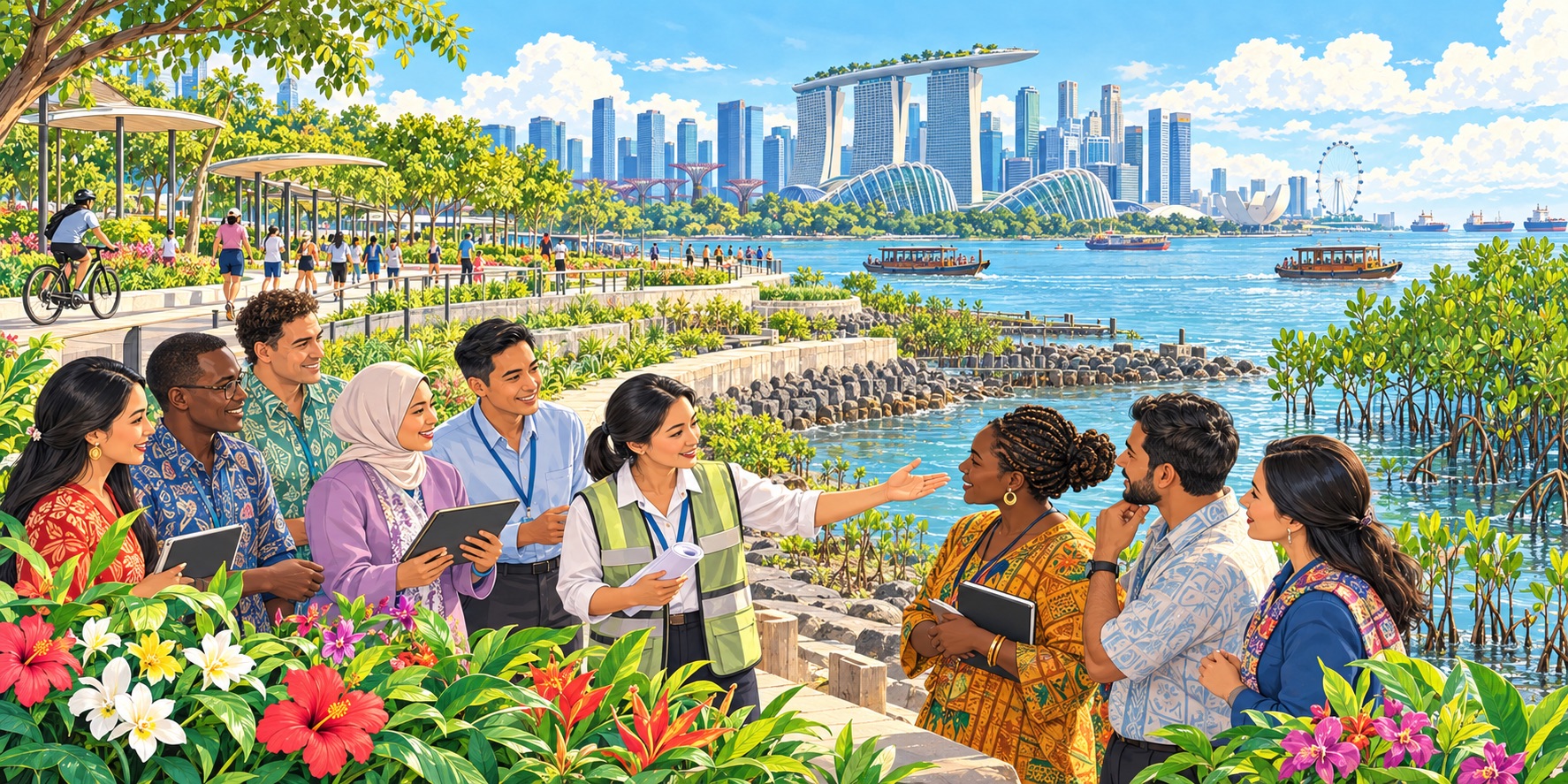 An illustration of small-state representatives exchanging coastal resilience expertise in Singapore, reflecting the Forum of Small States’ spirit of partnership, shared learning and collective influence.
