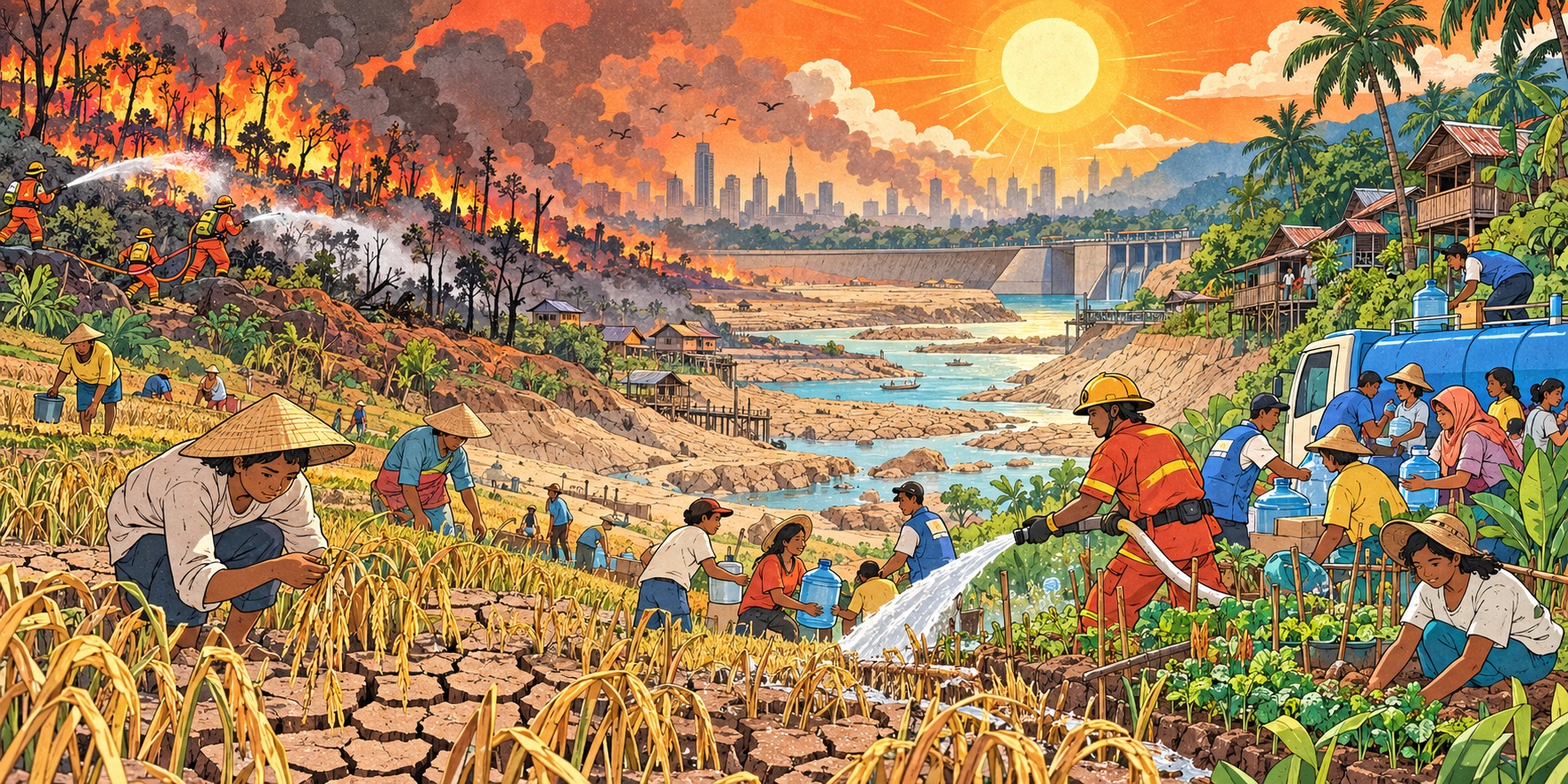 An illustration of Southeast Asia confronting a powerful El Niño, as drought, crop failure, depleted waterways, wildfires and haze threaten communities while farmers and emergency workers unite to protect lives and livelihoods.