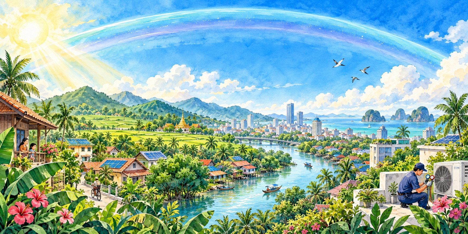 An illustration of Southeast Asia thriving beneath a protected ozone layer and a cooler, healthier sky.