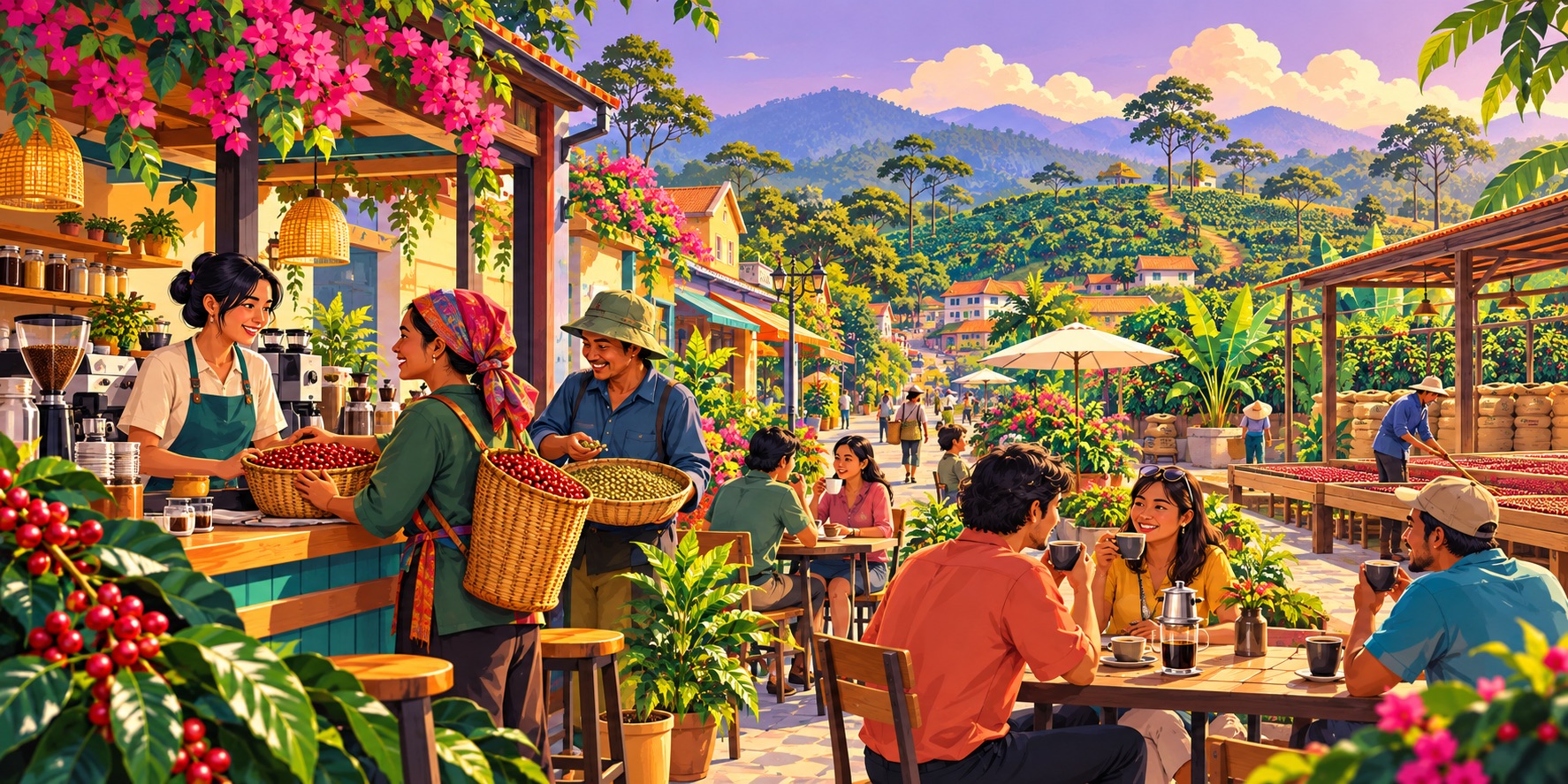 An illustration of Southeast Asian coffee farmers, baristas and café customers, celebrating the connection between rural livelihoods, vibrant coffee traditions and every cup enjoyed on International Coffee Day.