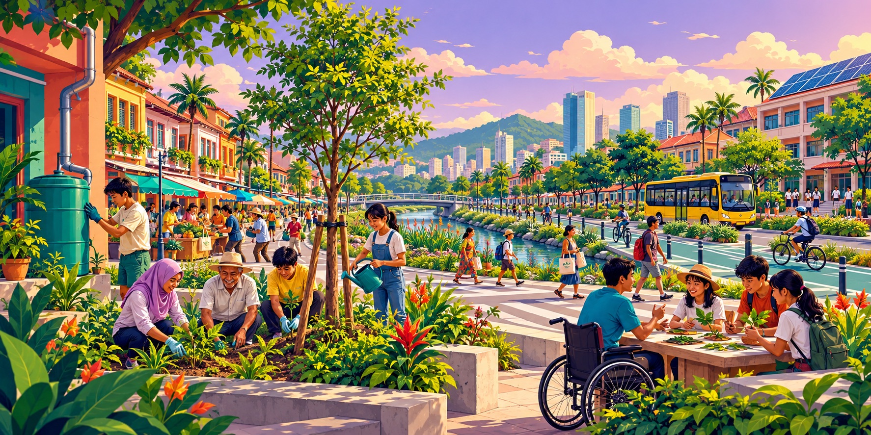 An illustration of Southeast Asian communities advancing climate action through greener neighbourhoods, clean energy, sustainable transport and shared learning.