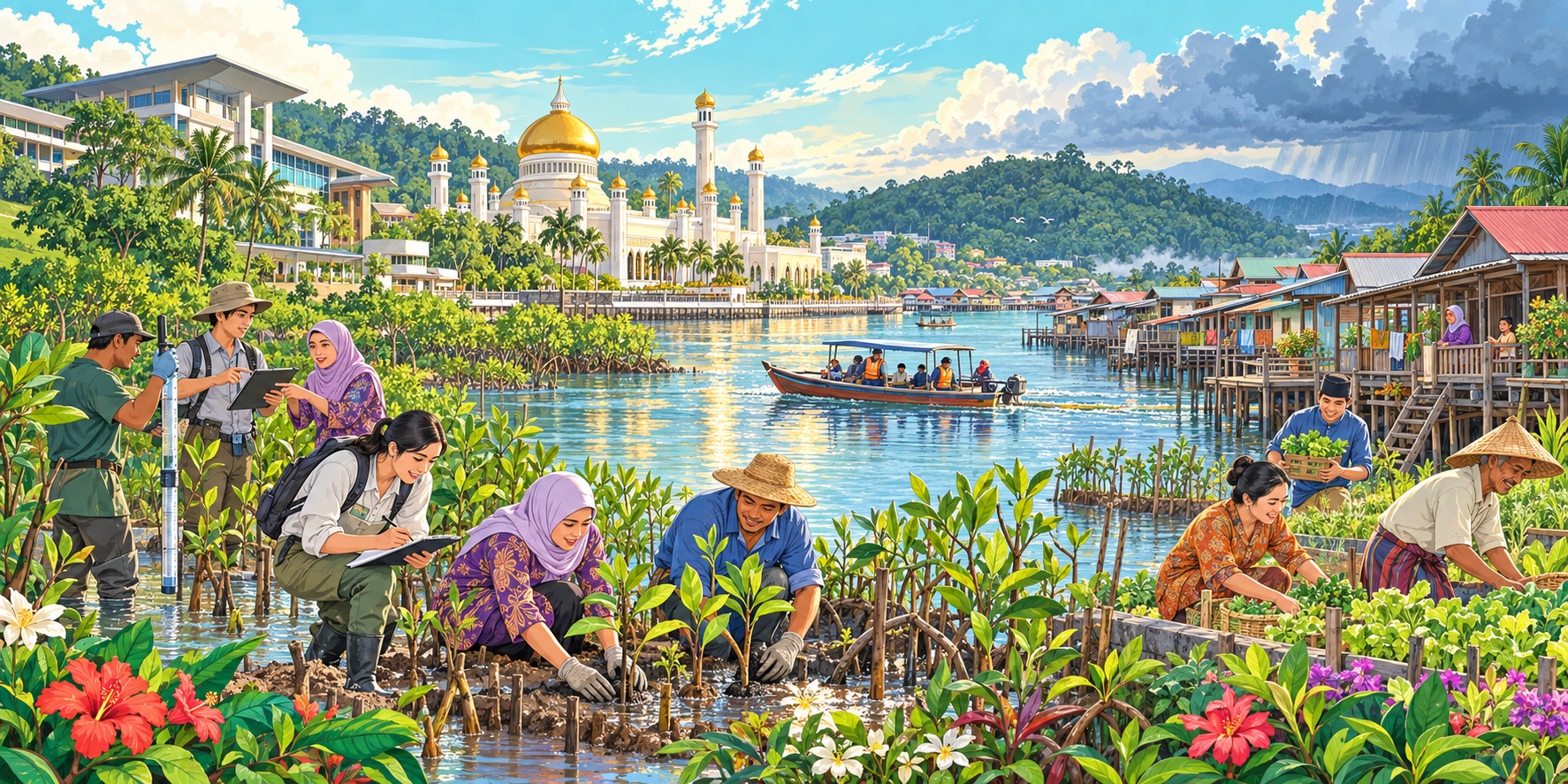 An illustration of Southeast Asian communities and researchers working together to build climate resilience, with Brunei’s riverfront as the backdrop—a vision of regional cooperation to protect livelihoods, restore ecosystems and prepare for a changing climate.