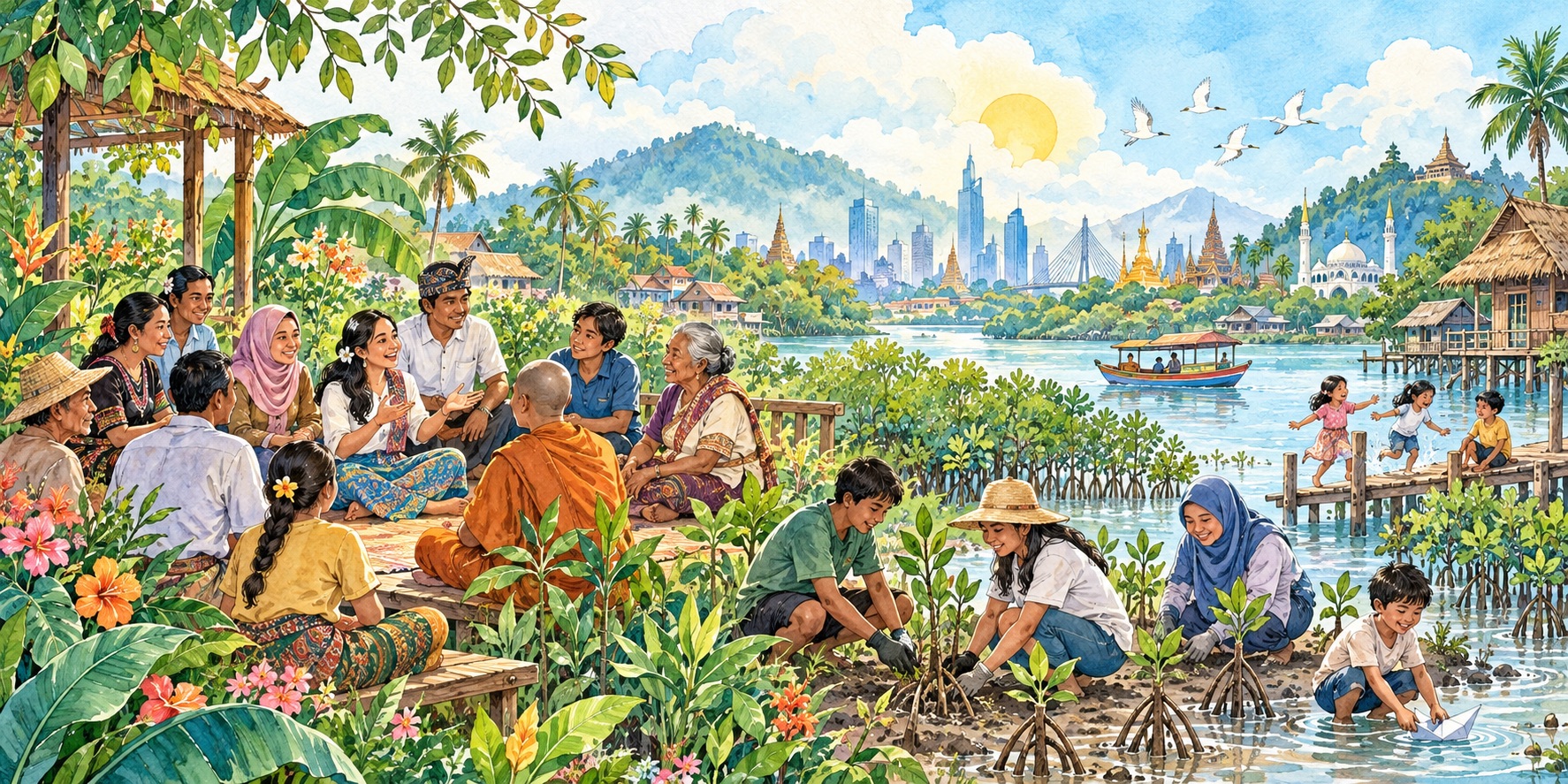 An illustration of Southeast Asian communities building peace through dialogue, cooperation and care for the environment (Reiza via Dall-E 3/Open AI)