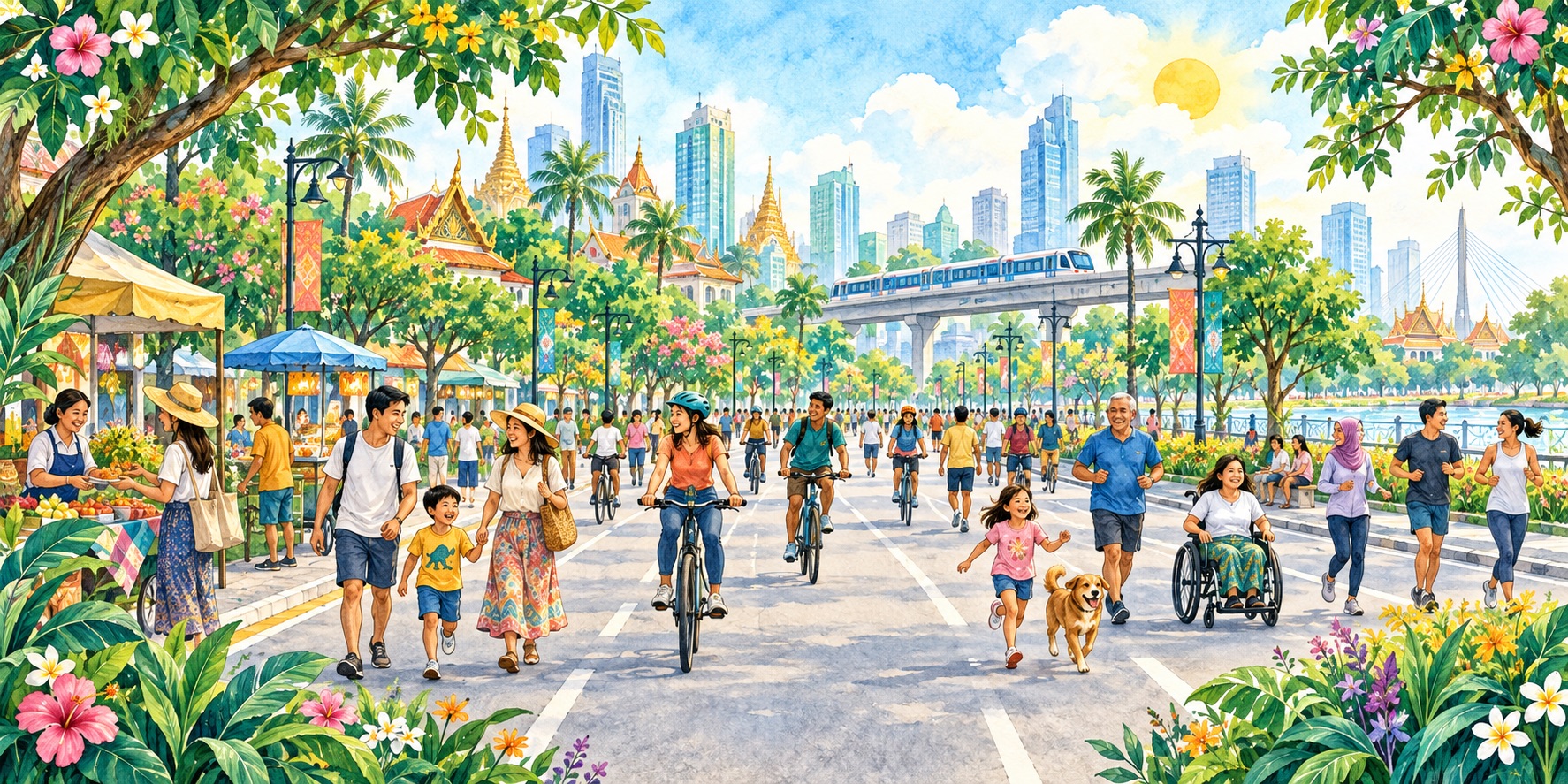 An illustration of Southeast Asian communities reclaiming city streets for walking, cycling and connection on World Car Free Day.
