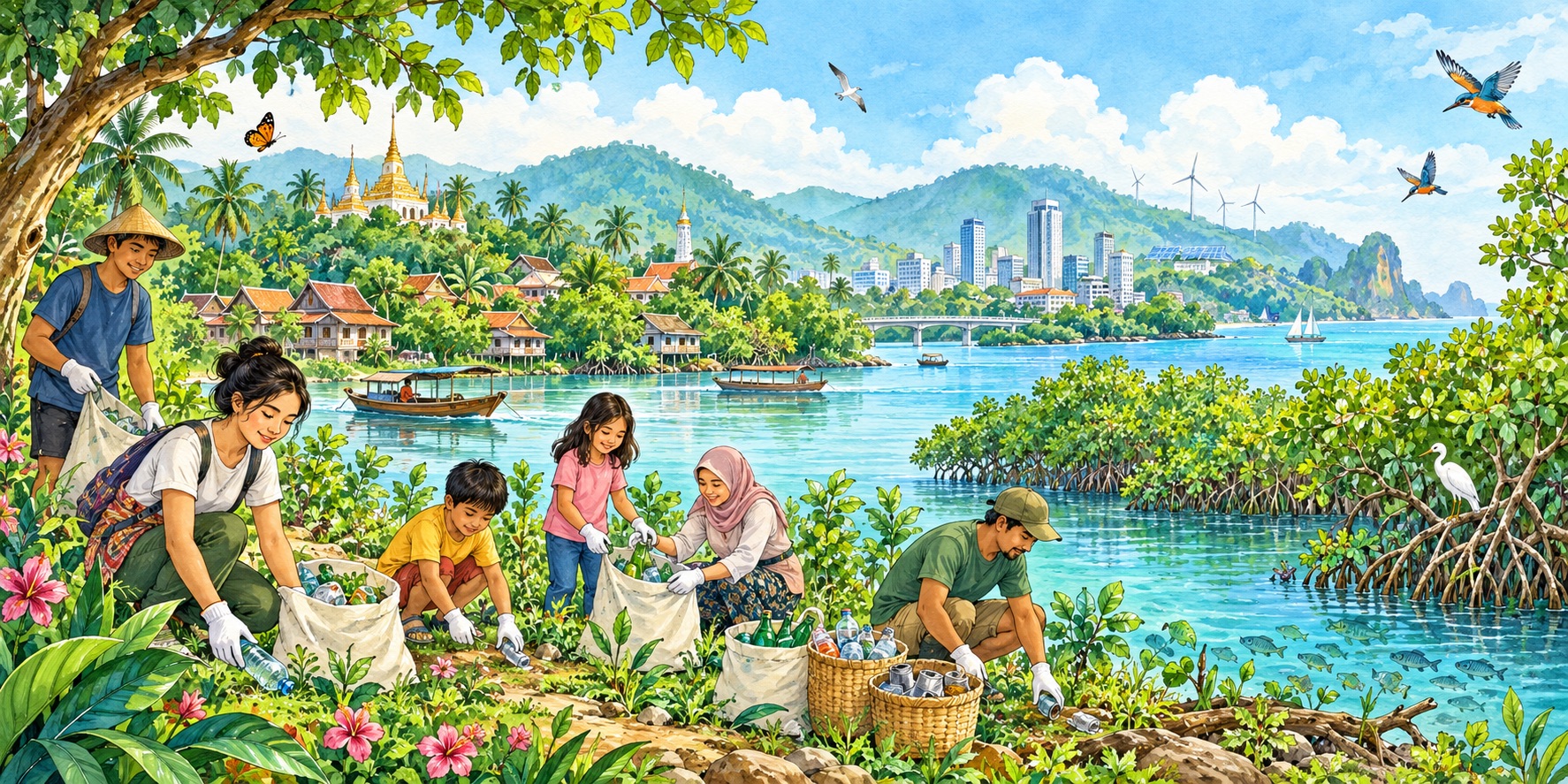 An illustration of Southeast Asian communities restoring a riverside environment beneath clean air and blue skies