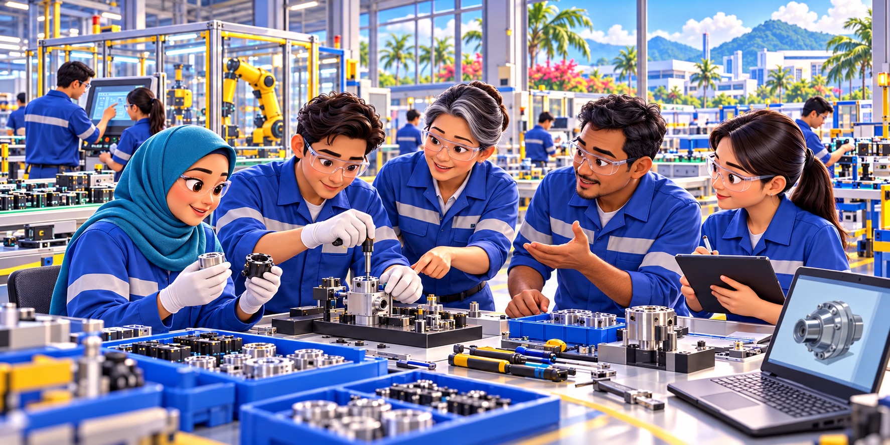 An illustration of Southeast Asian factory workers sharing expertise and building skills to guide manufacturing’s digital transformation.