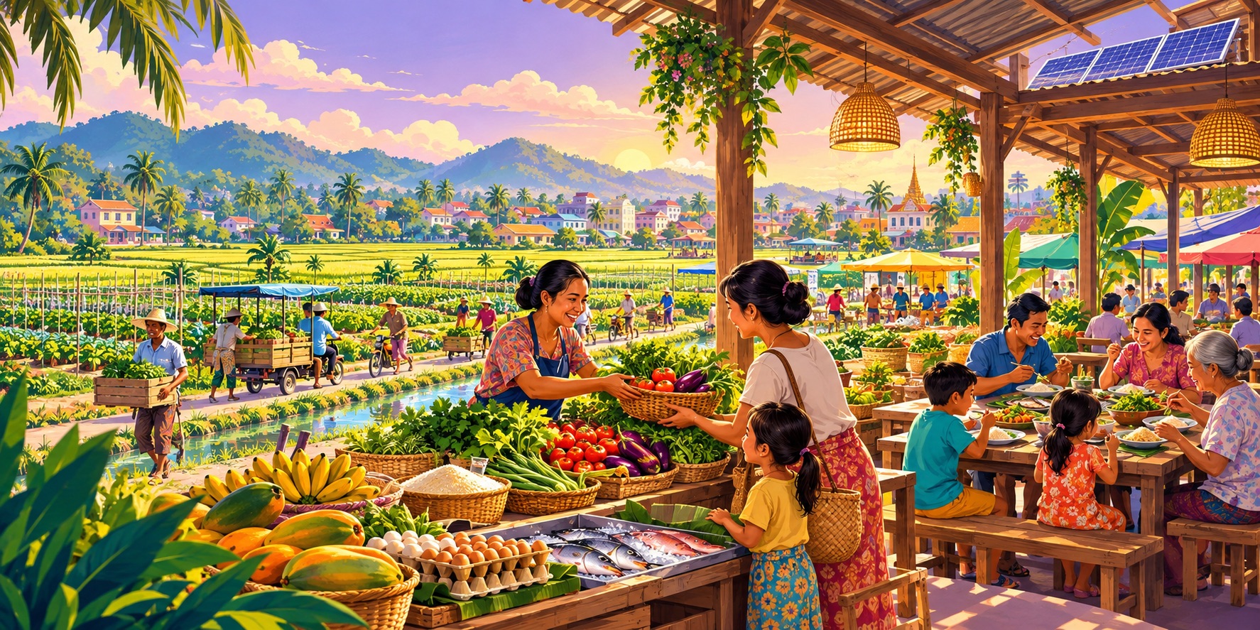 An illustration of Southeast Asian farmers, fresh markets and families sharing nutritious meals, highlighting sustainable food systems for World Food Day 2026.