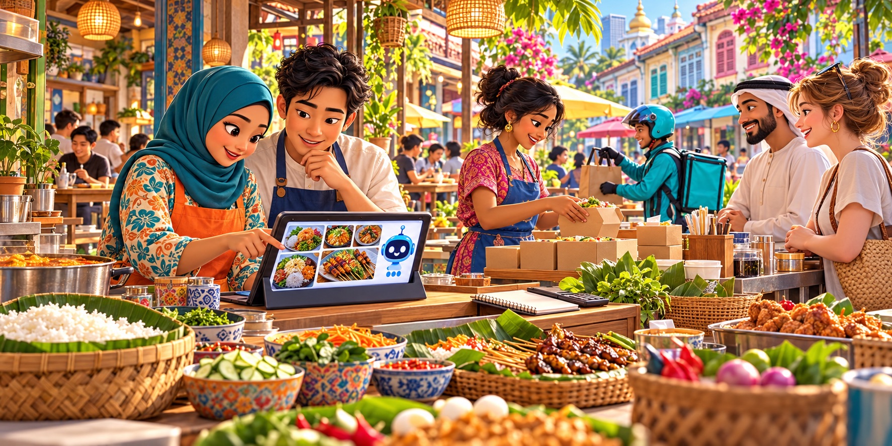 An illustration of Southeast Asian food sellers using an AI assistant to plan menus, manage orders and serve a multicultural community.
