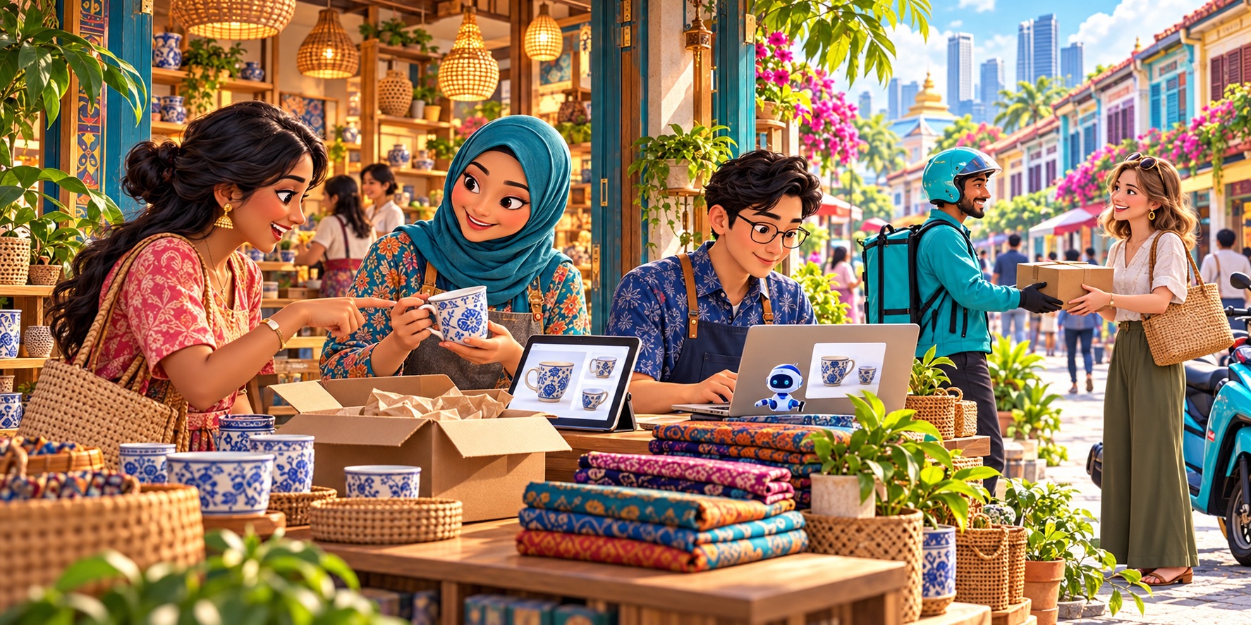 An illustration of Southeast Asian merchants, shoppers and delivery workers building trust through helpful service, accurate orders and responsible digital tools.
