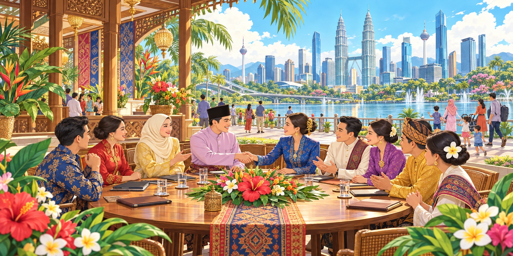 An illustration of Southeast Asian representatives gathering in Malaysia, reflecting ZOPFAN’s vision of peace, regional partnership and the freedom to shape a shared future through dialogue.